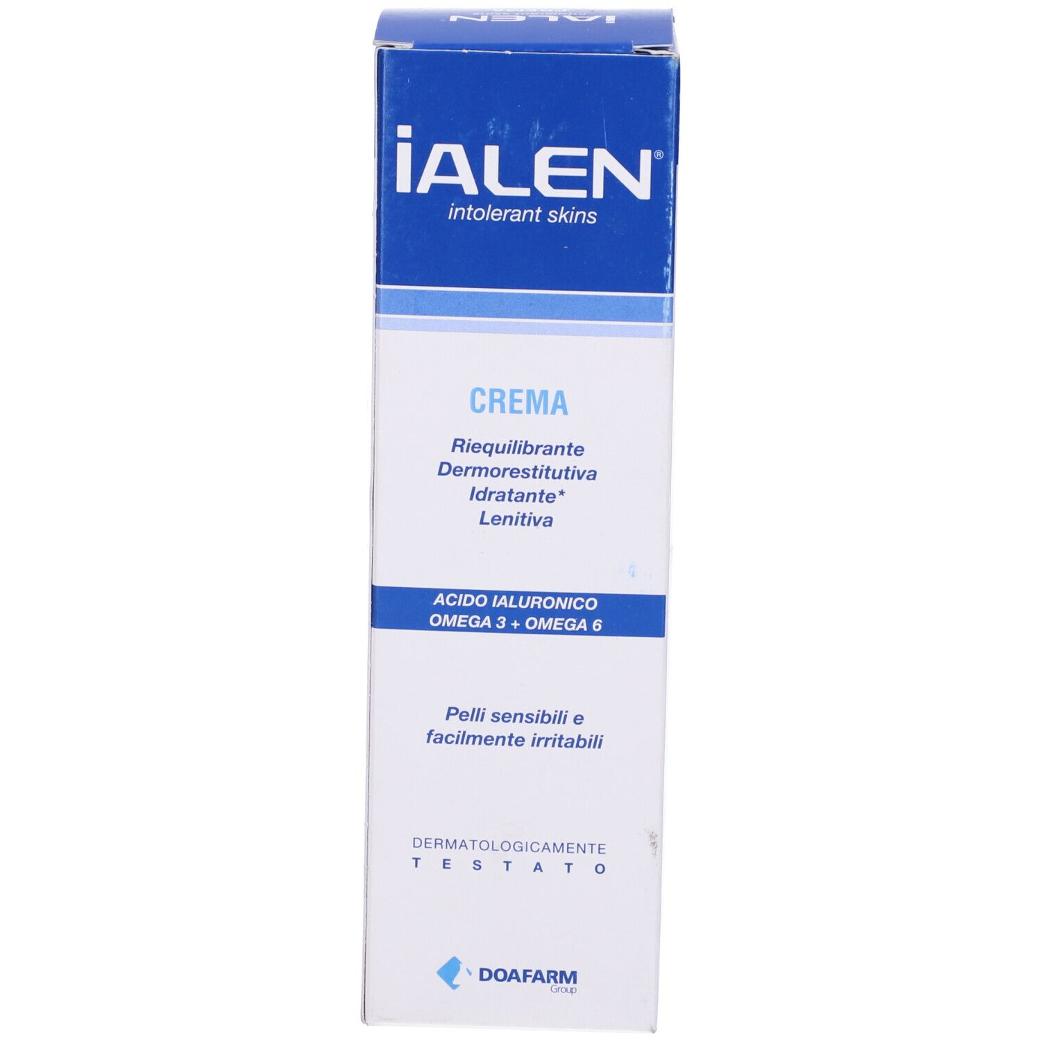 Scatola bianca e blu. Scritta: IALEN, Crema, Acido Ialuronico, Omega 3 + Omega 6. Dermatologicamente testato.