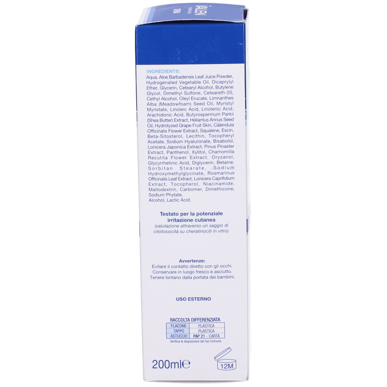 Retro della scatola. Ingredienti, istruzioni per l'uso, 200ml, simbolo 12M.