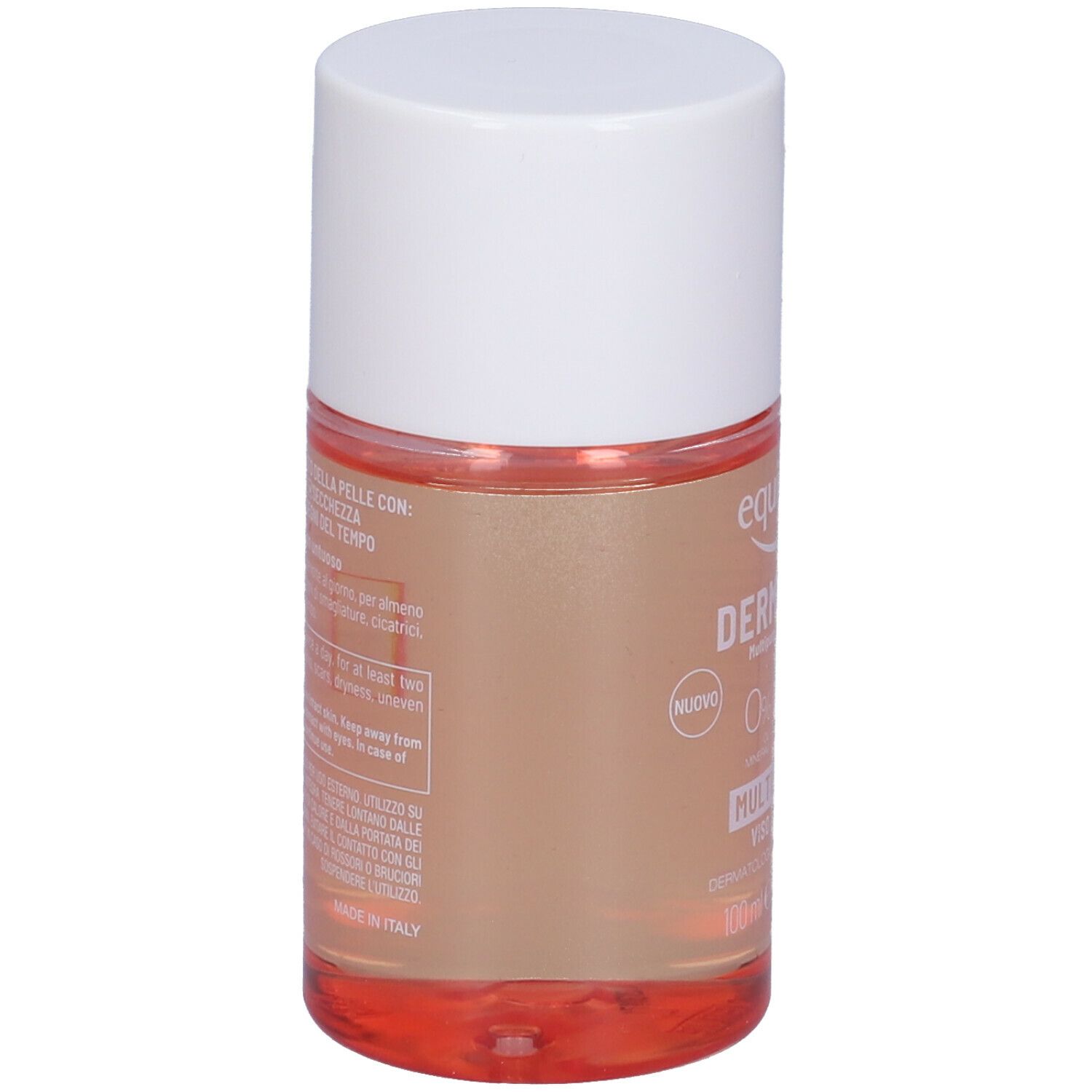 Flacone cilindrico con tappo bianco. Etichetta con informazioni sul prodotto. Liquido rosso visibile.