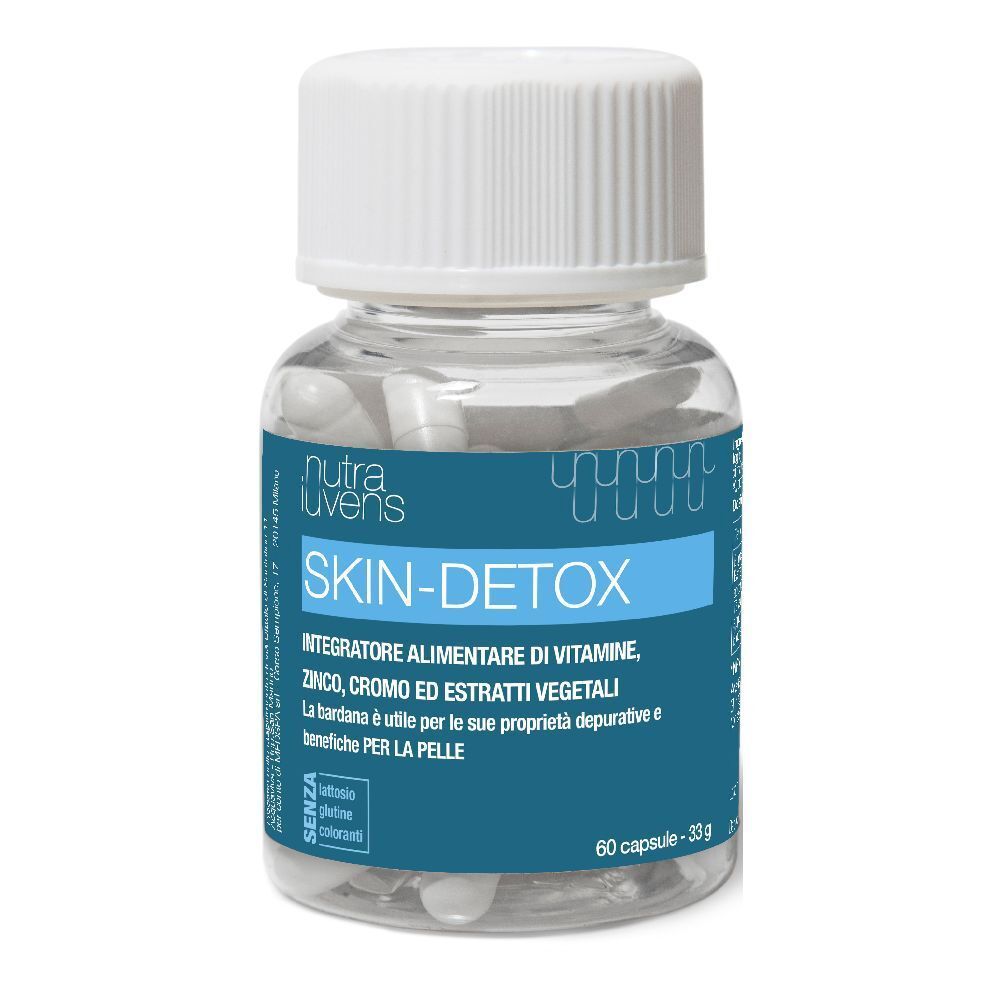 Flacone trasparente con capsule bianche. Tappo bianco. Etichetta blu con testo: Skin-Detox, Nutraiuvens.