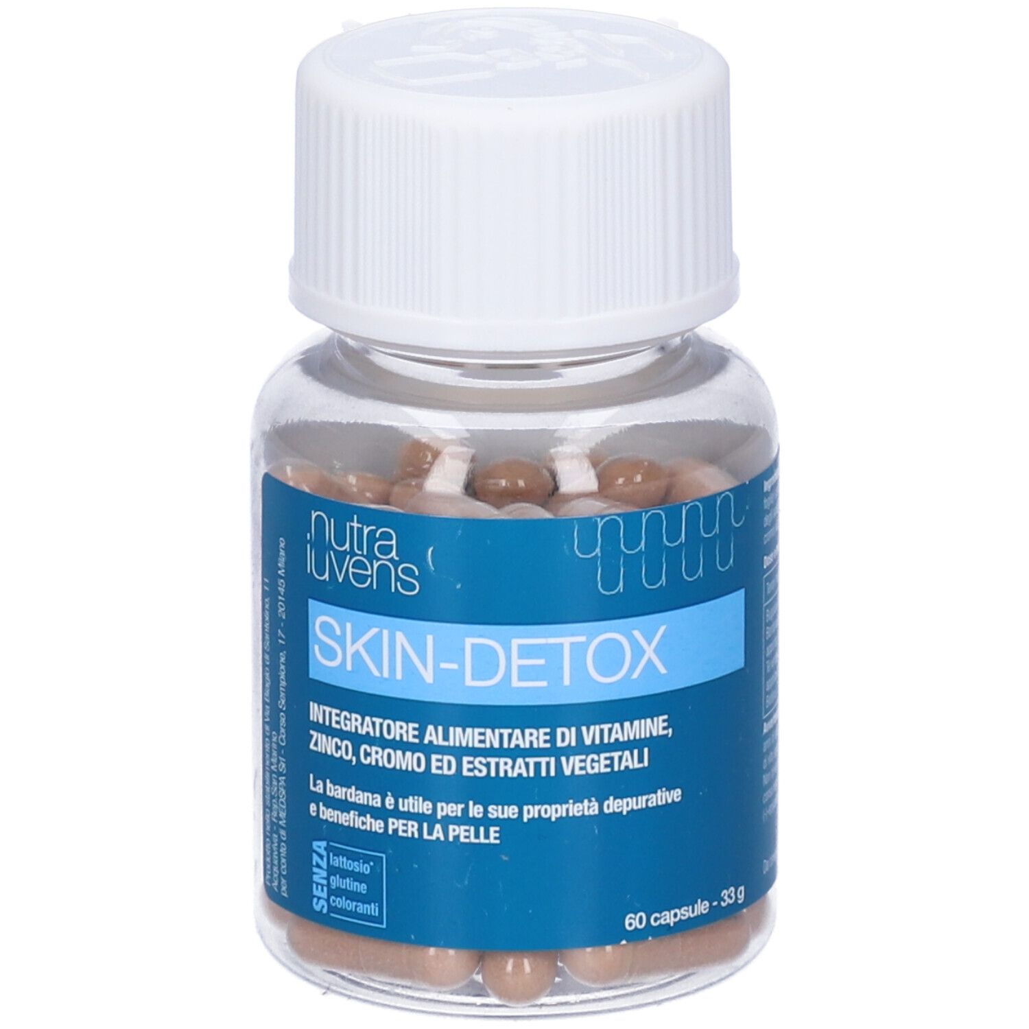 Flacone trasparente con capsule marroni. Tappo bianco. Etichetta blu con testo: Skin-Detox, Nutraiuvens.