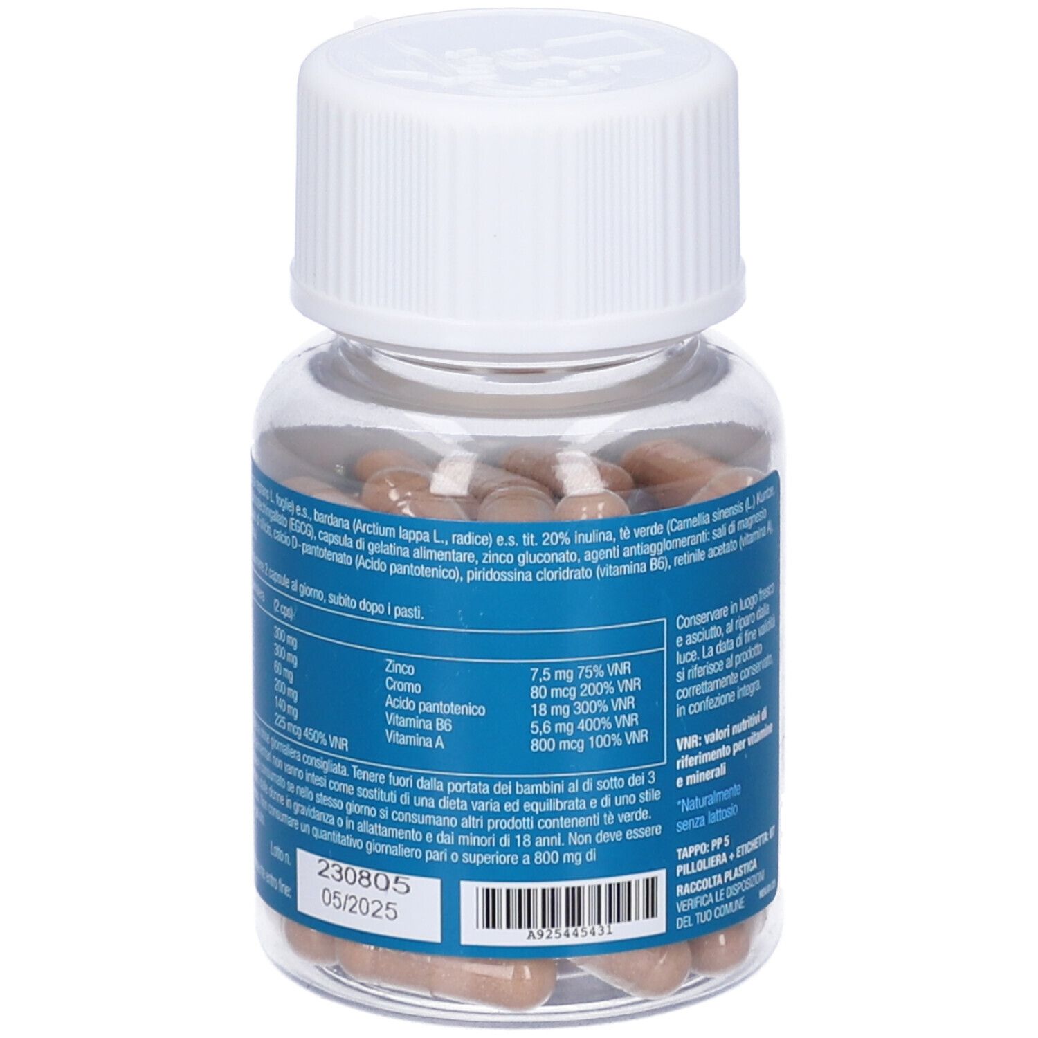 Flacone trasparente con capsule marroni. Tappo bianco. Etichetta blu con informazioni nutrizionali. Nutraiuvens.