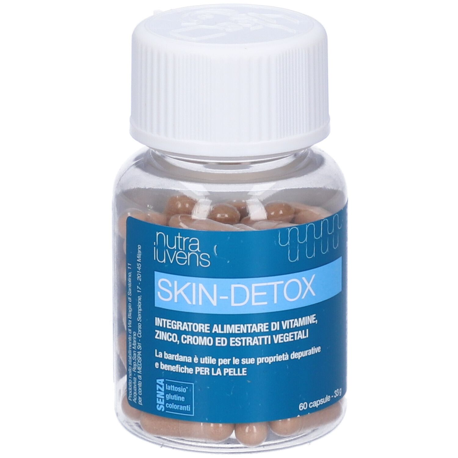 Flacone trasparente con capsule marroni. Tappo bianco. Etichetta blu con testo: Skin-Detox, Nutraiuvens.