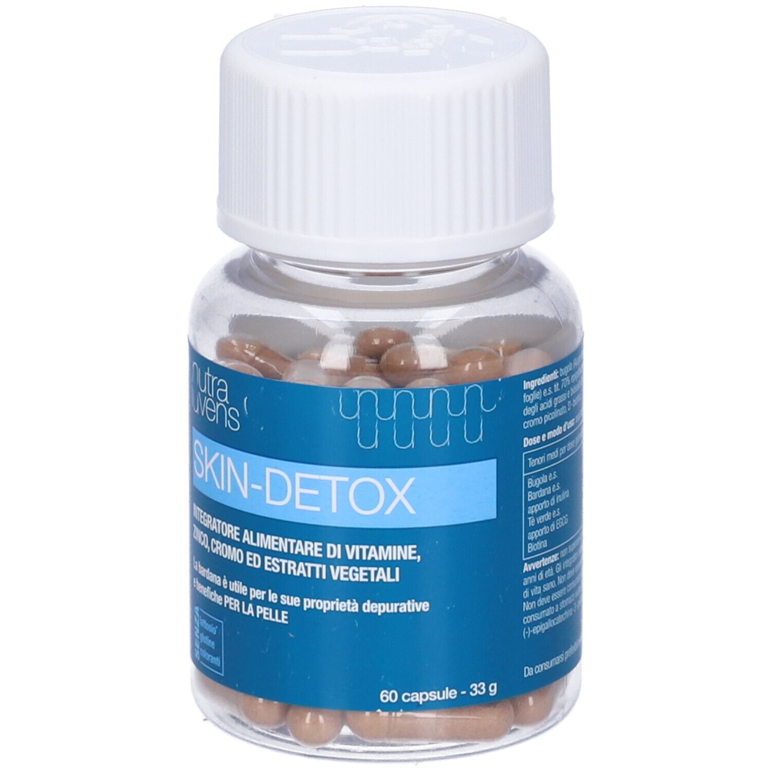 Flacone trasparente con capsule marroni. Tappo bianco. Etichetta blu con testo: Skin-Detox, Nutraiuvens.
