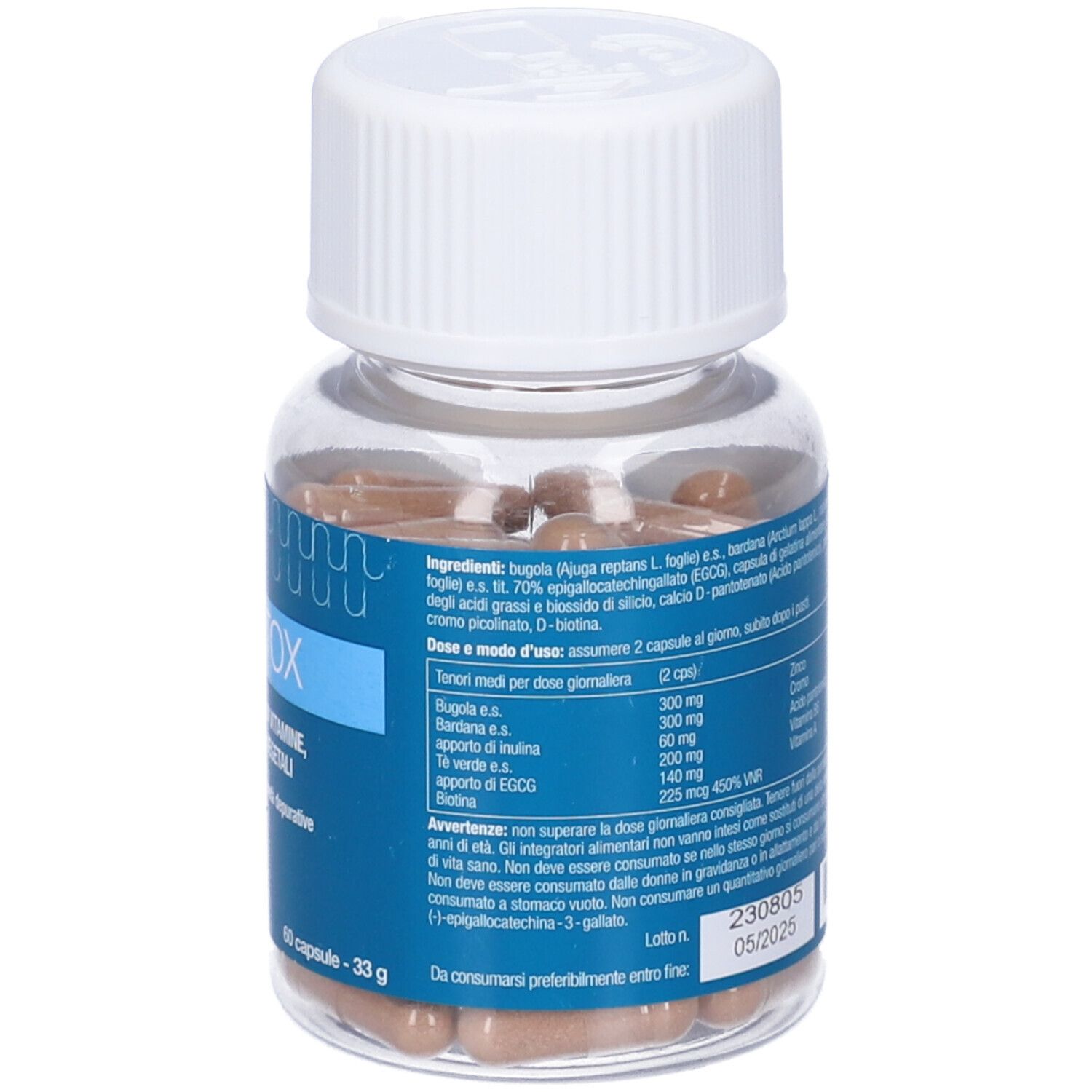 Flacone trasparente con capsule marroni. Tappo bianco. Etichetta blu con istruzioni per il dosaggio. Nutraiuvens.