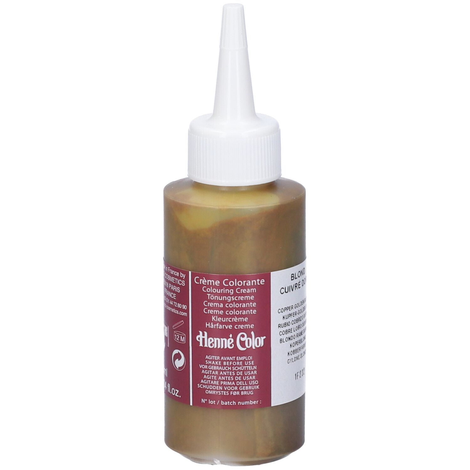 Flacone con punta bianca e liquido marrone. Scritto: Henne Color, Crème Colorante, Blond Cuivre Doré.