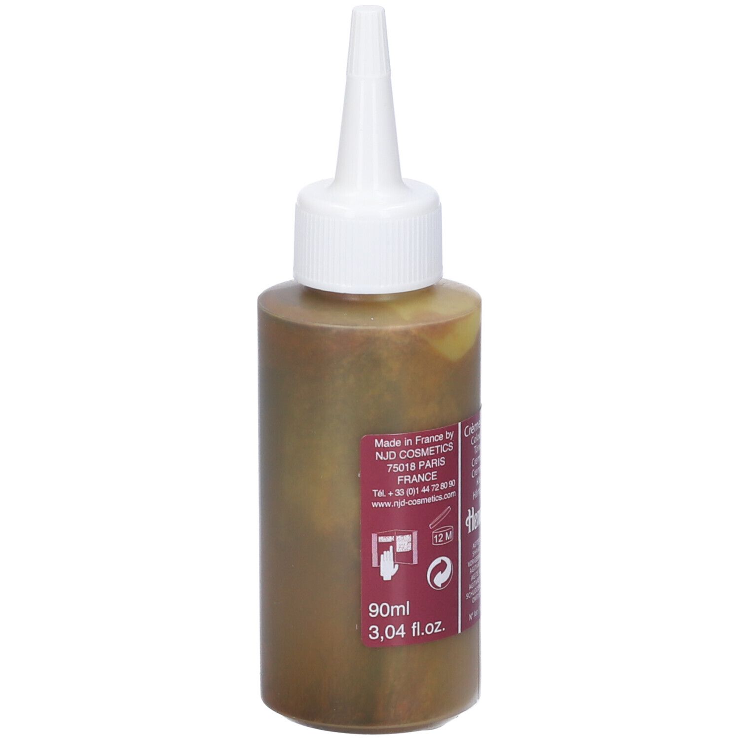 Flacone con punta bianca e liquido marrone. Scritto: Henne Color, Crème Colorante, Blond Cuivre Doré.