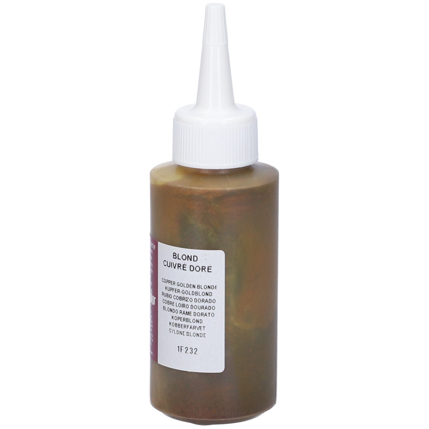 Flacone con punta bianca e liquido marrone. Scritto: Henne Color, Blond Cuivre Doré.