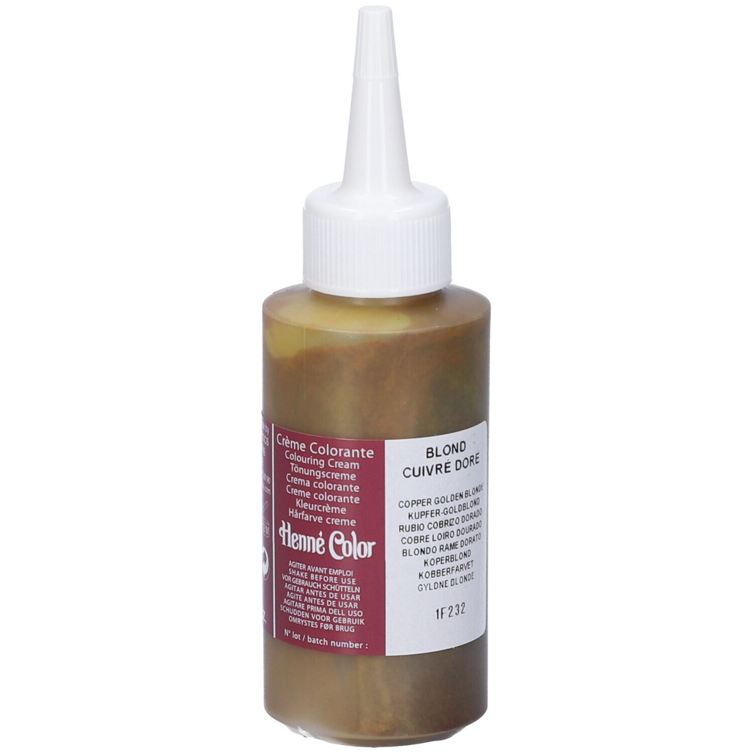 Flacone con punta bianca e liquido marrone. Scritto: Henne Color, Crème Colorante, Blond Cuivre Doré.