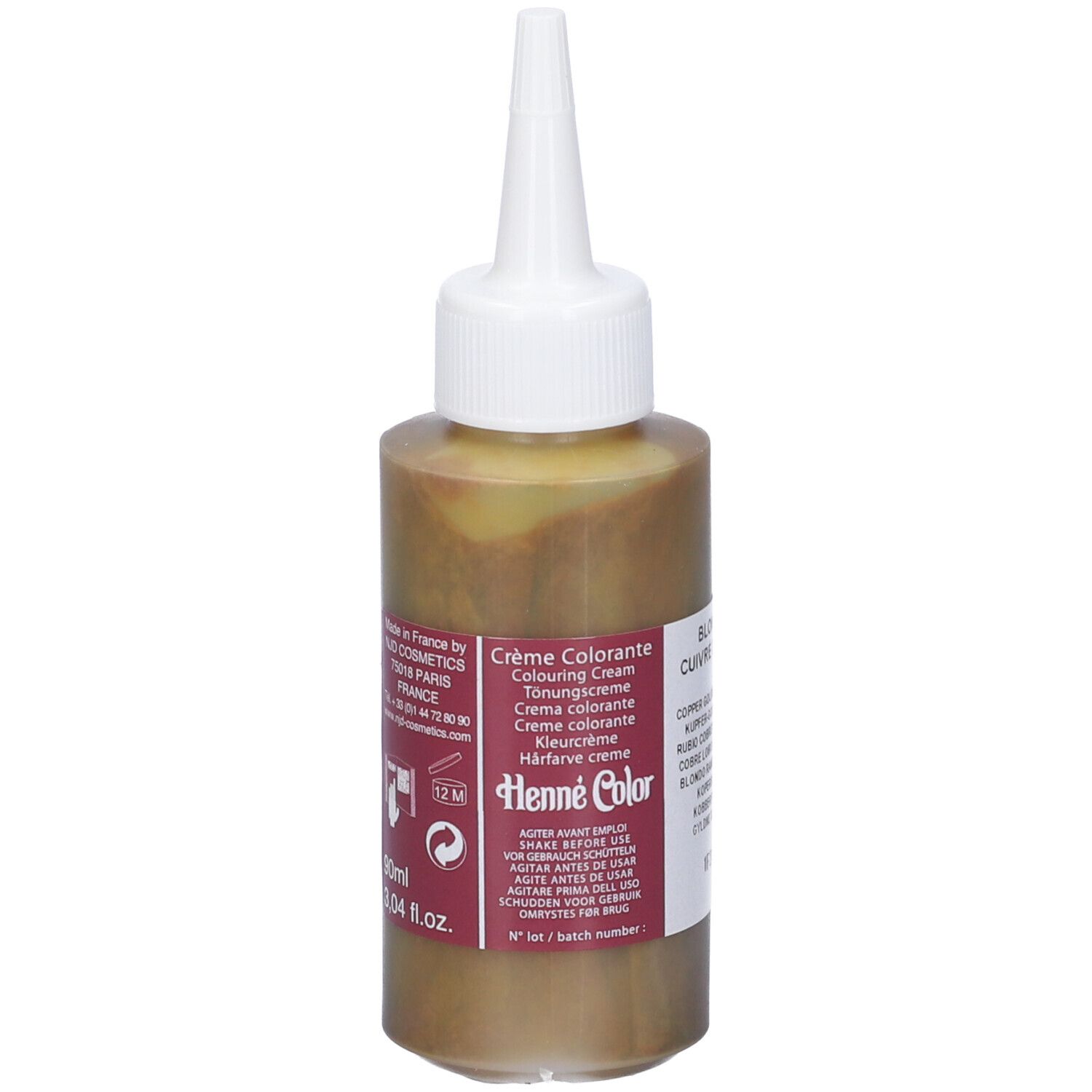 Flacone con punta bianca e liquido marrone. Scritto: Henne Color, Crème Colorante, Blond Cuivre Doré.