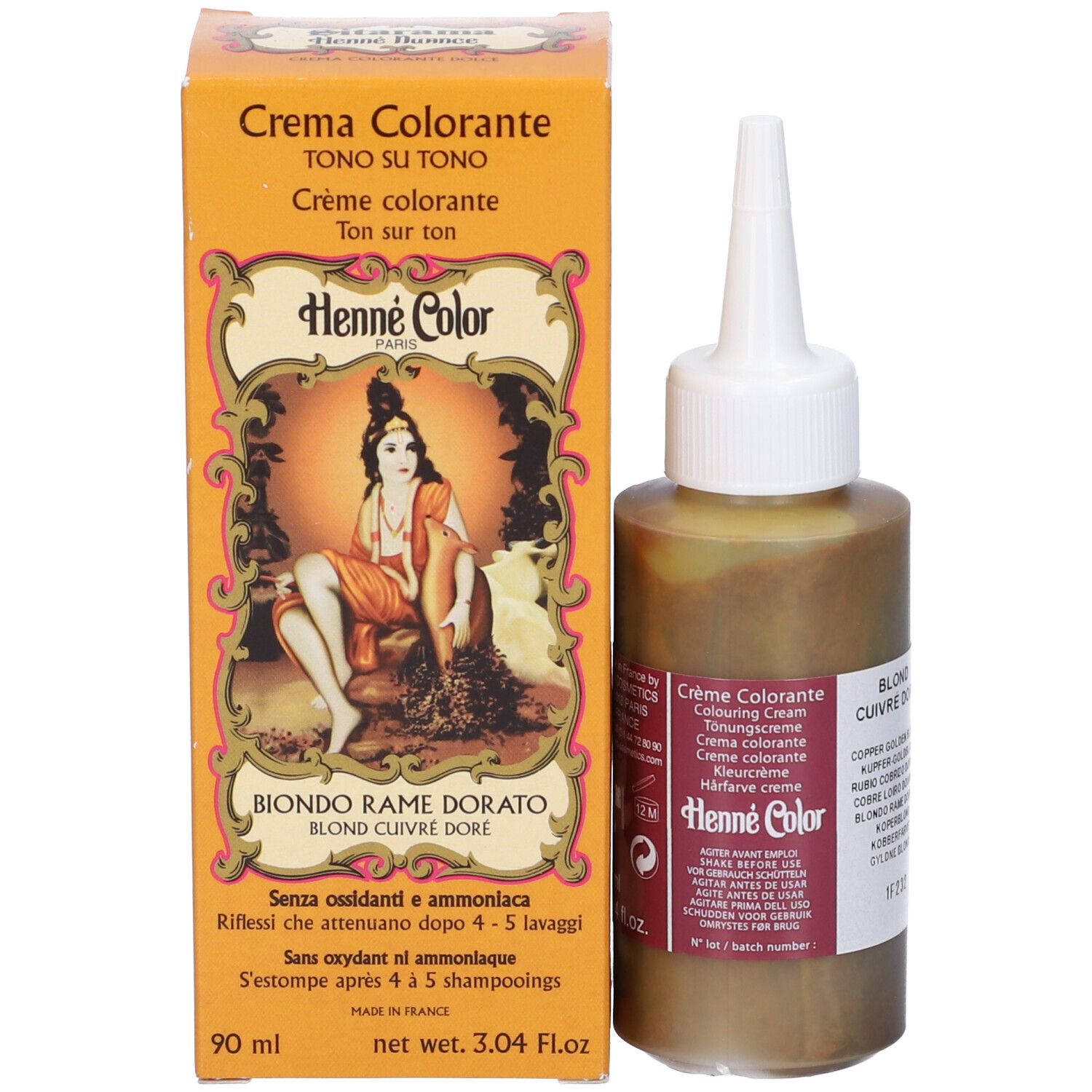 Confezione del prodotto e flacone. Scritto: Henne Color, Crème Colorante, Blond Cuivre Doré.