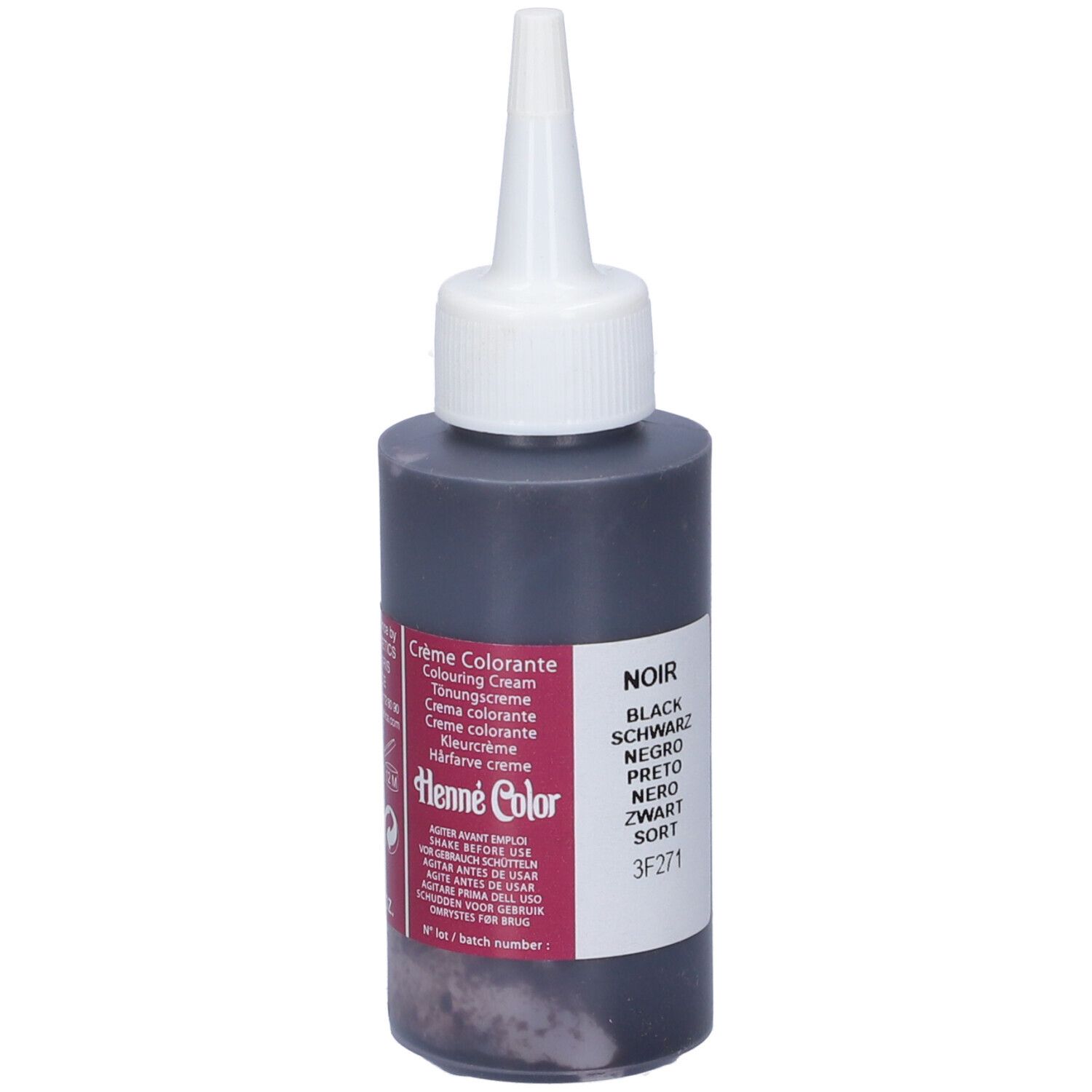 Flacone di crema nera. Scritta: Crème Colorante, Henne Color, Noir.
