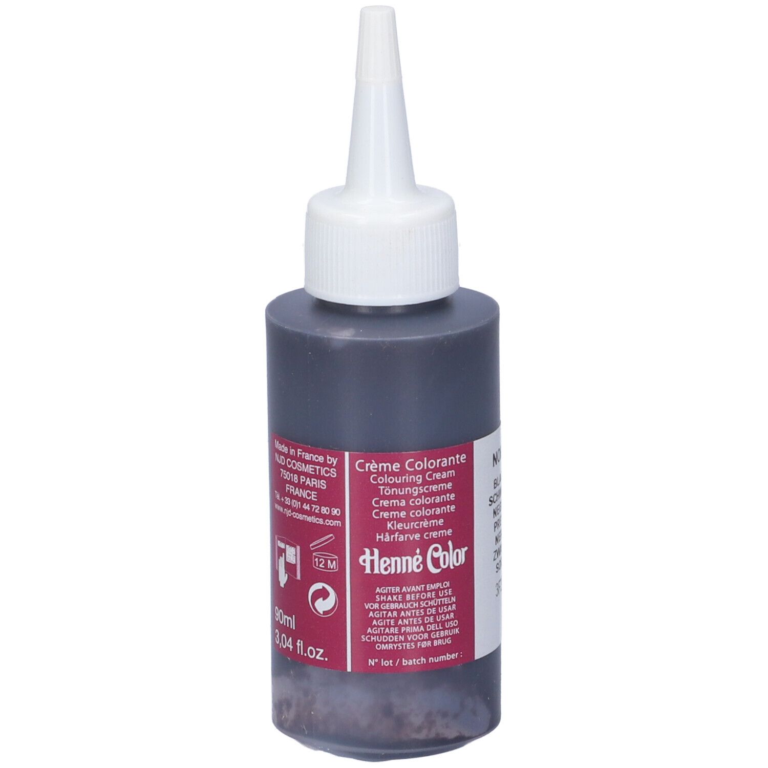 Flacone di crema nera. Scritta: Crème Colorante, Henne Color. 90ml.