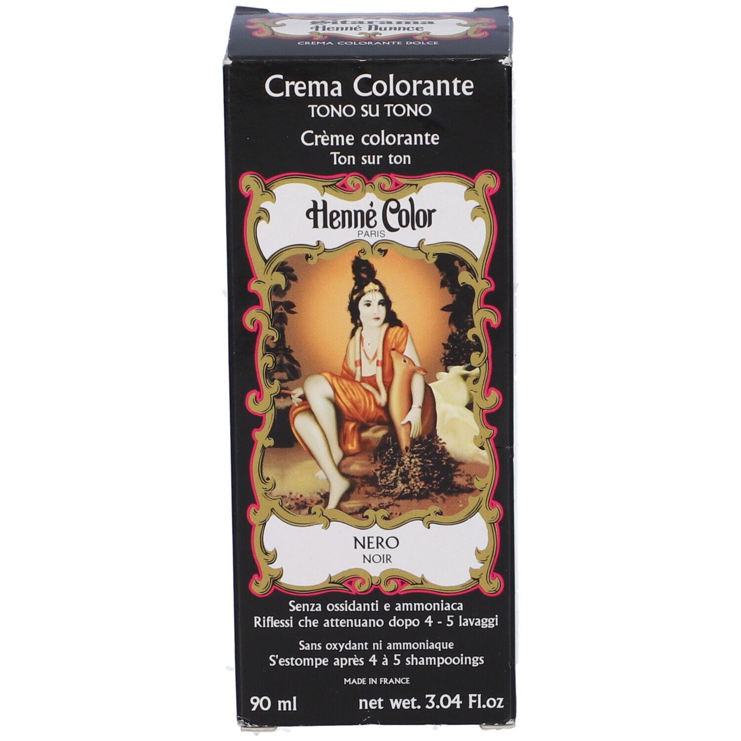Scatola nera. Scritta: Crème Colorante, Henne Color, Nero. 90ml.