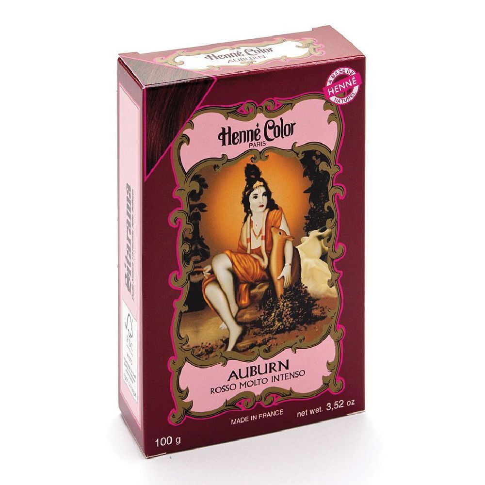 Confezione di Henne Color Auburn, Rosso molto intenso. Illustrazione di donna. Scritta: 100 g, 3,52 oz. Made in France. Logo Henne.