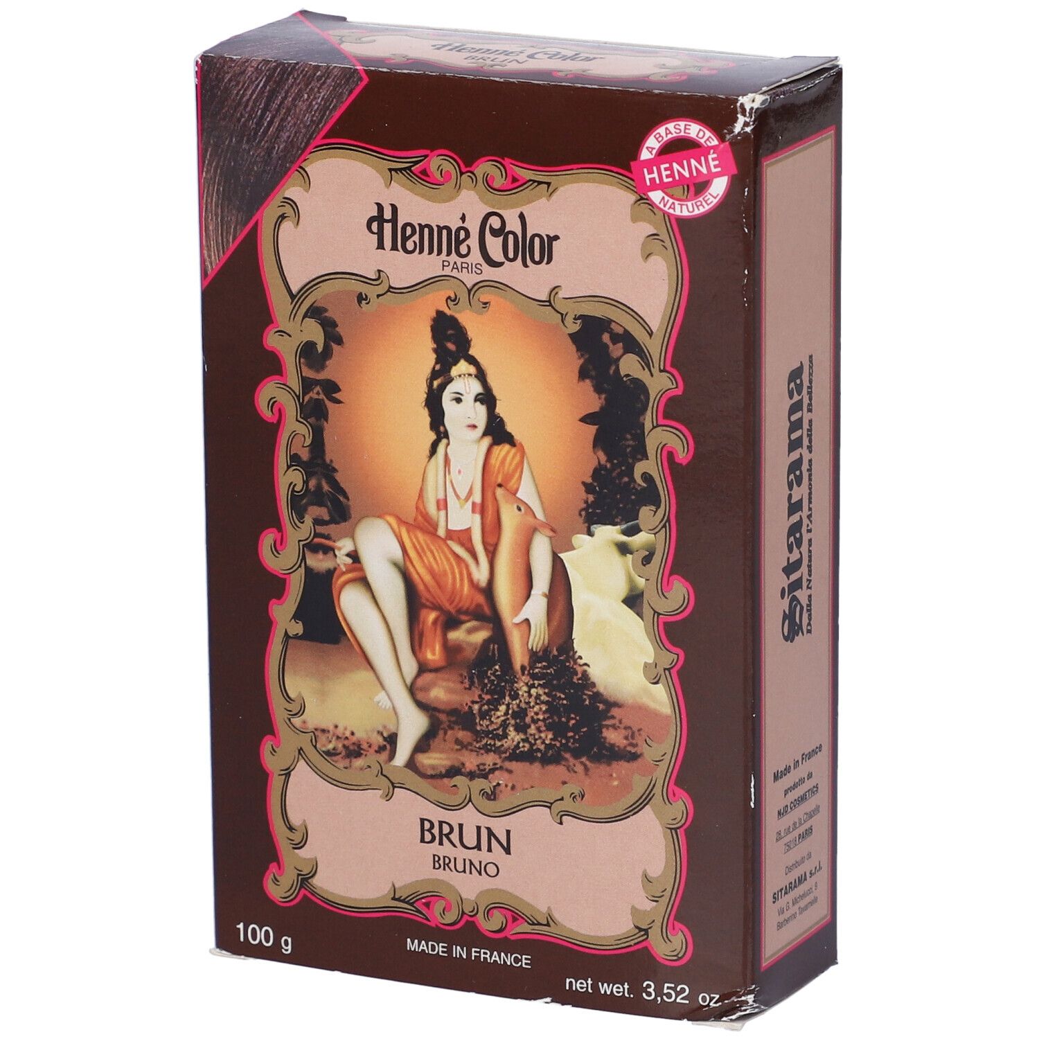 Confezione di hennè marrone con illustrazione di donna. Testo: Henne Color, Brun, 100 g, Made in France.