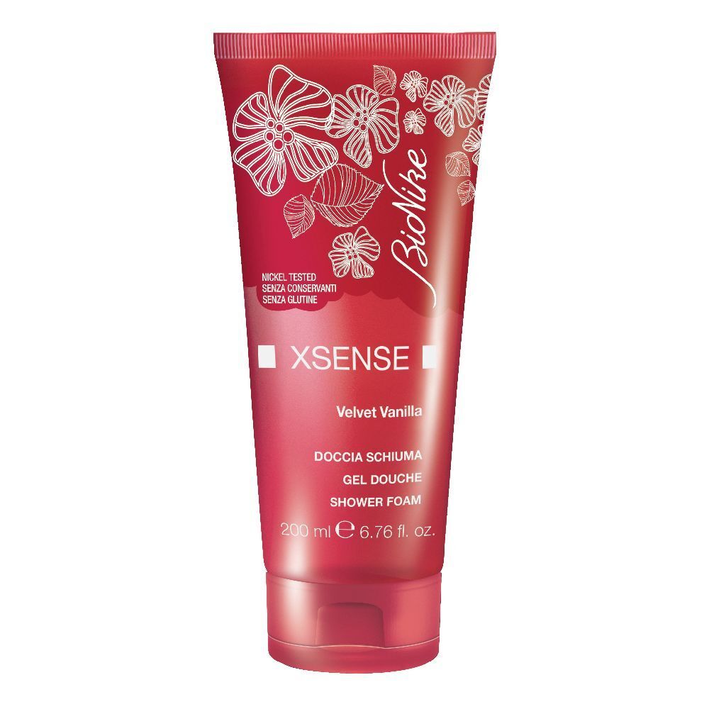 Rote Tube mit weißem Blumendesign. Text: BioNike, Xsense Velvet Vanilla, Duschschaum. 200 ml.