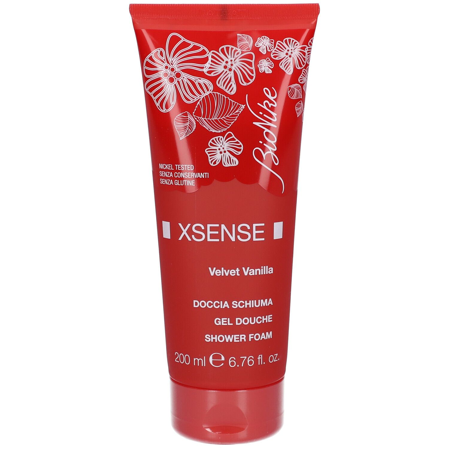 Rote Tube mit weißem Blumendesign. Text: BioNike, Xsense Velvet Vanilla, Duschschaum. 200 ml.