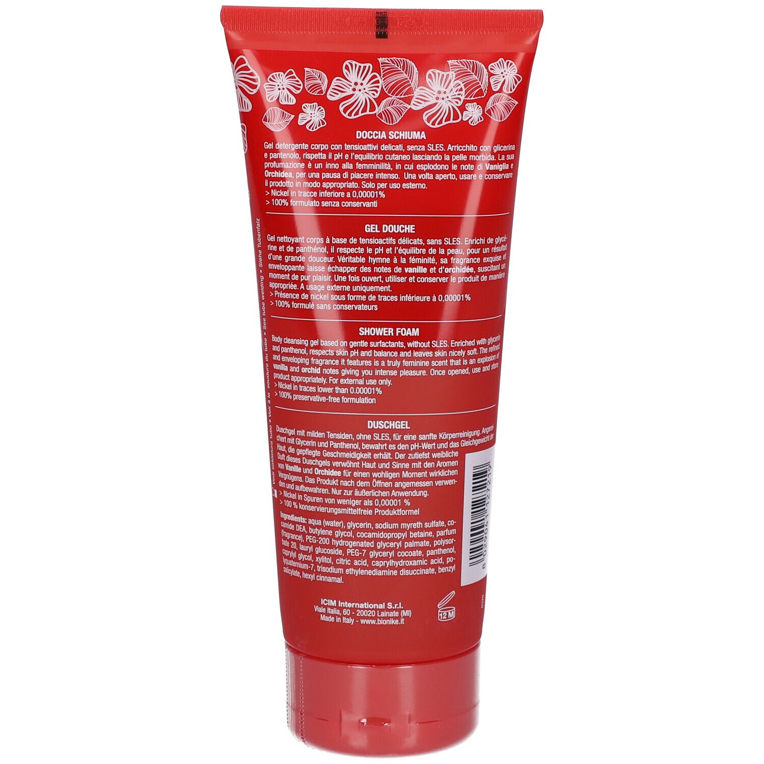 Rote Tube, Rückseite mit Text. Text: Duschgel, Inhaltsstoffe, Herstellerinformationen. Weiße Schrift auf rotem Grund.
