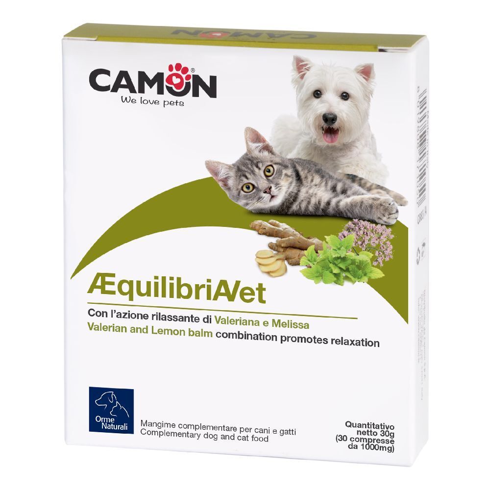 Scatola ÆquilibriVet, marchio CAMON. Immagine di gatto e cane. Testo: Valeriana e Melissa. Mangime complementare per cani e gatti.