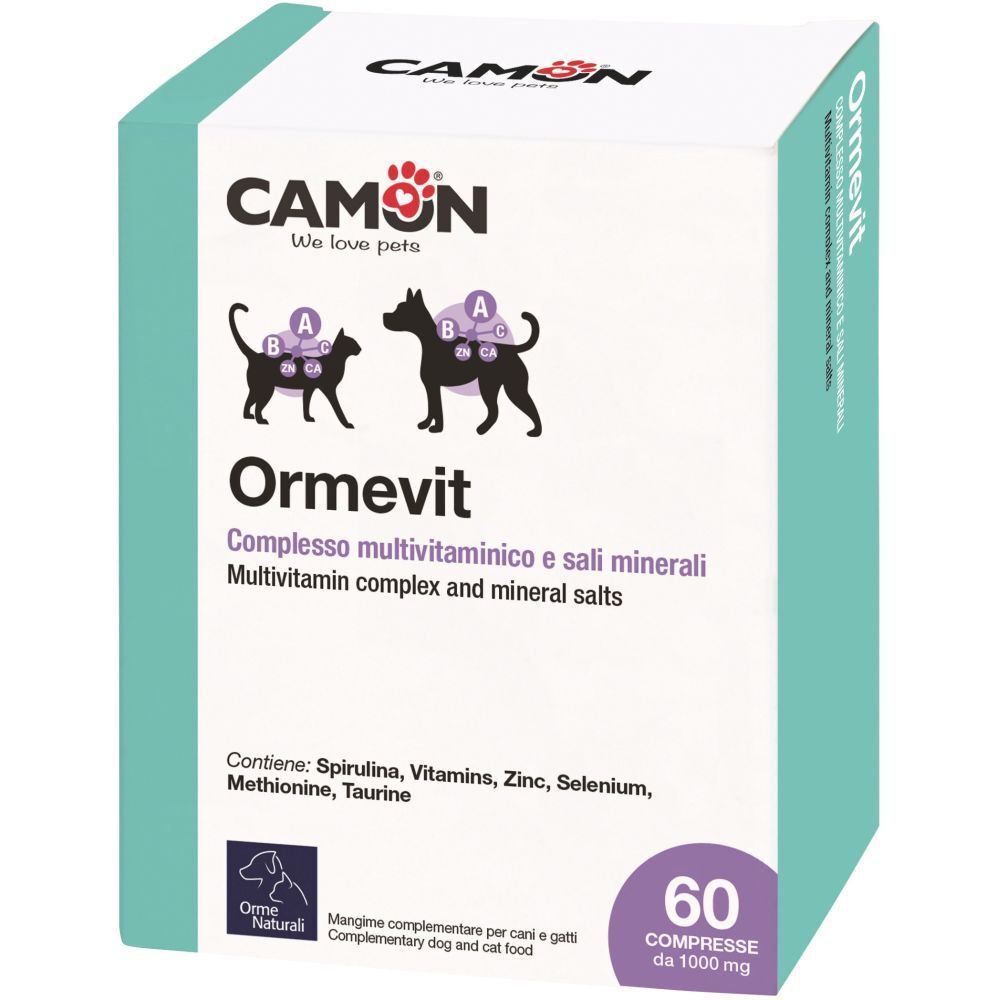 Confezione di Ormevit. Marchio CAMON. Integratore per cani e gatti. Contiene vitamine e minerali. 60 compresse. Ingredienti visibili.
