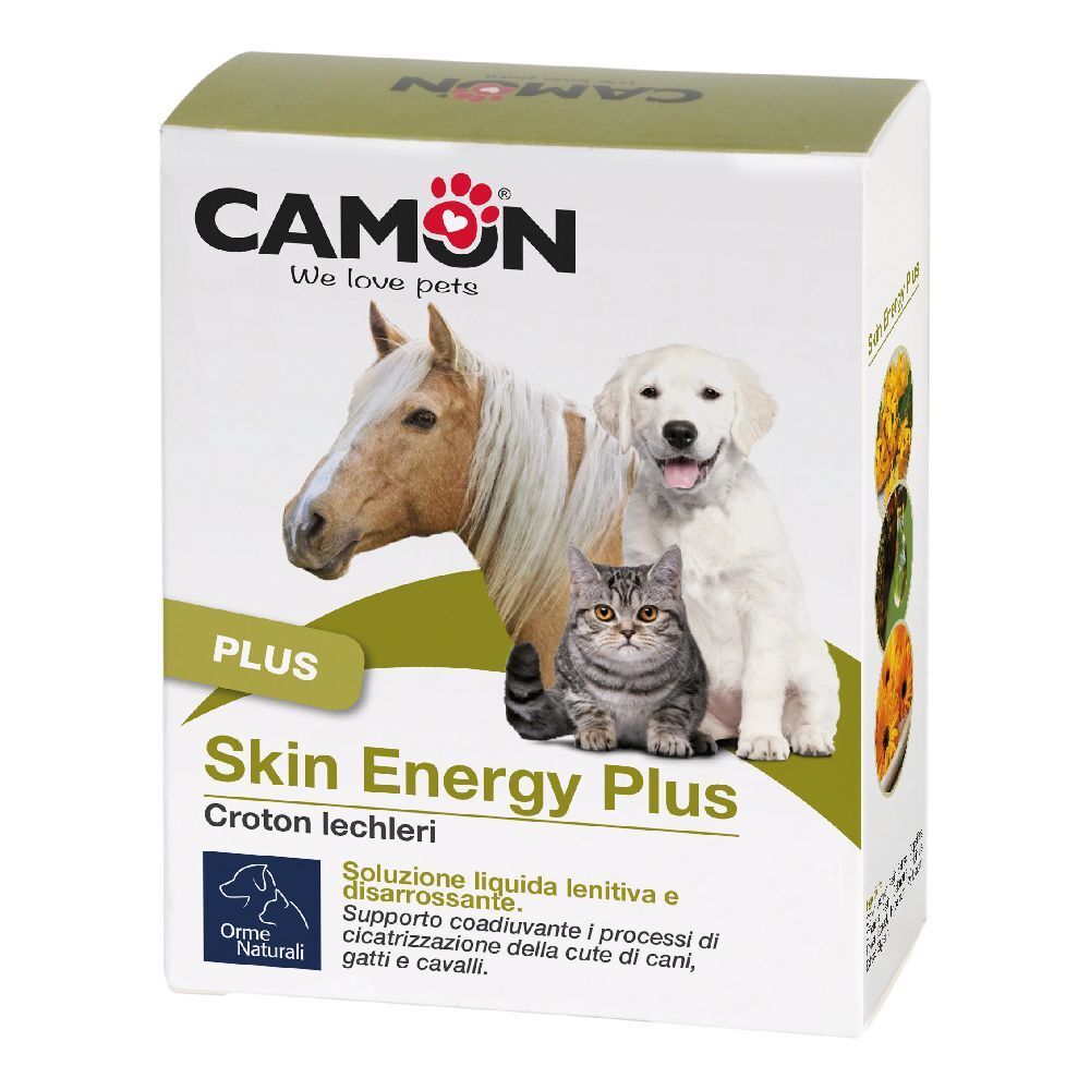 Confezione Skin Energy Plus con cavallo, cane e gatto. Testo: CAMON, We love pets. Soluzione liquida lenitiva e disarrossante.