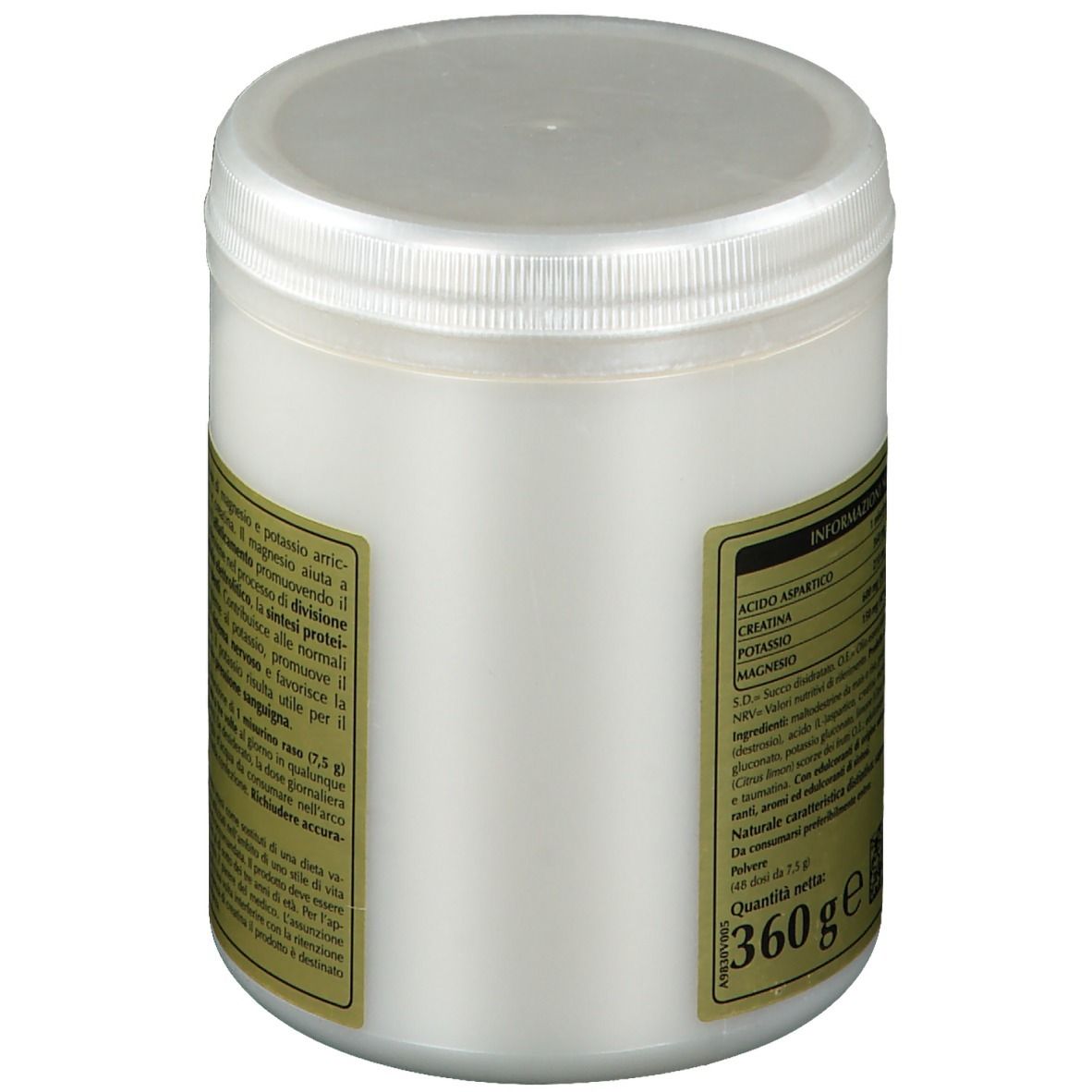 Contenitore bianco con coperchio. Etichetta con informazioni nutrizionali. Nome del prodotto.