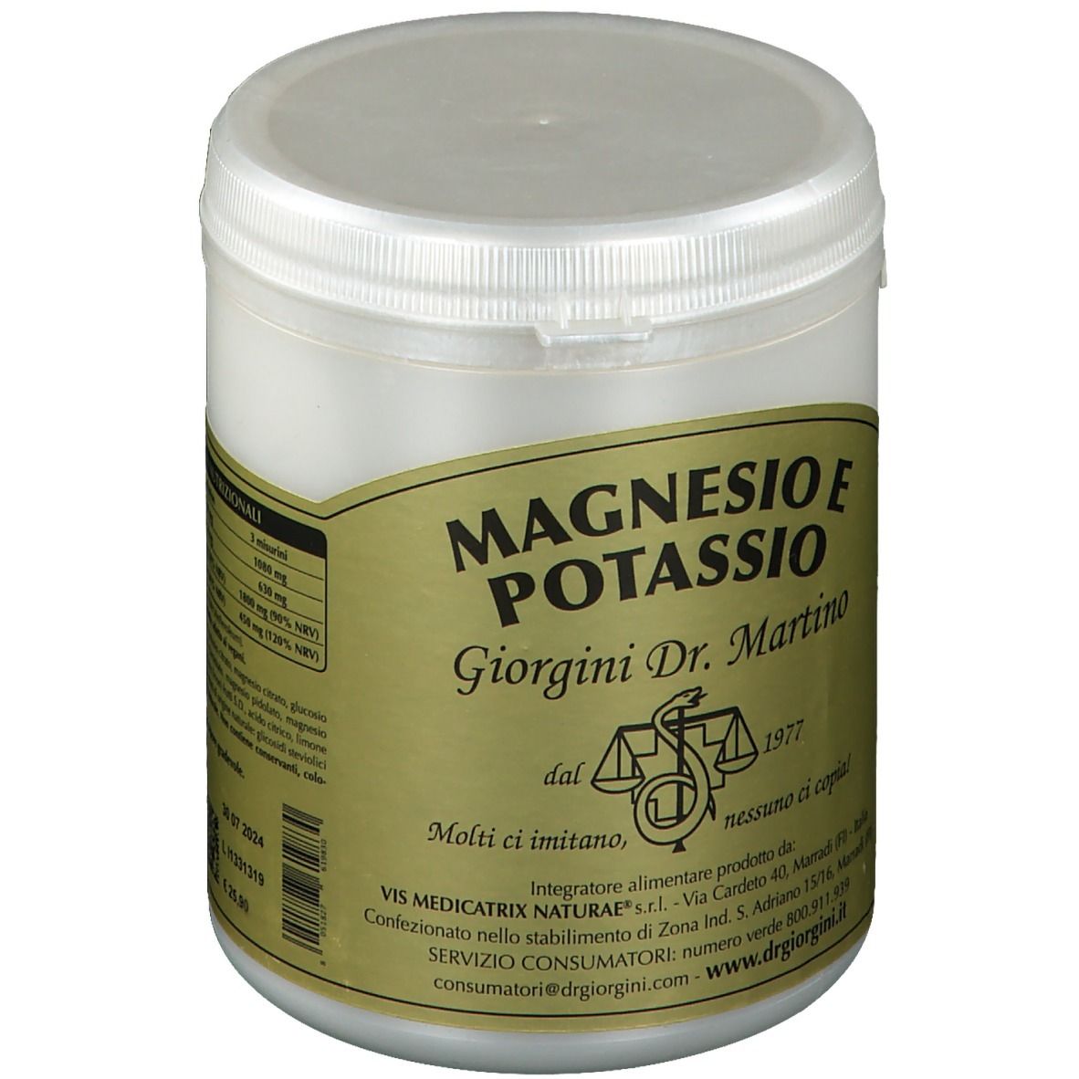 Contenitore bianco con coperchio. Etichetta con nome prodotto: Magnesio e Potassio. Logo e testo.