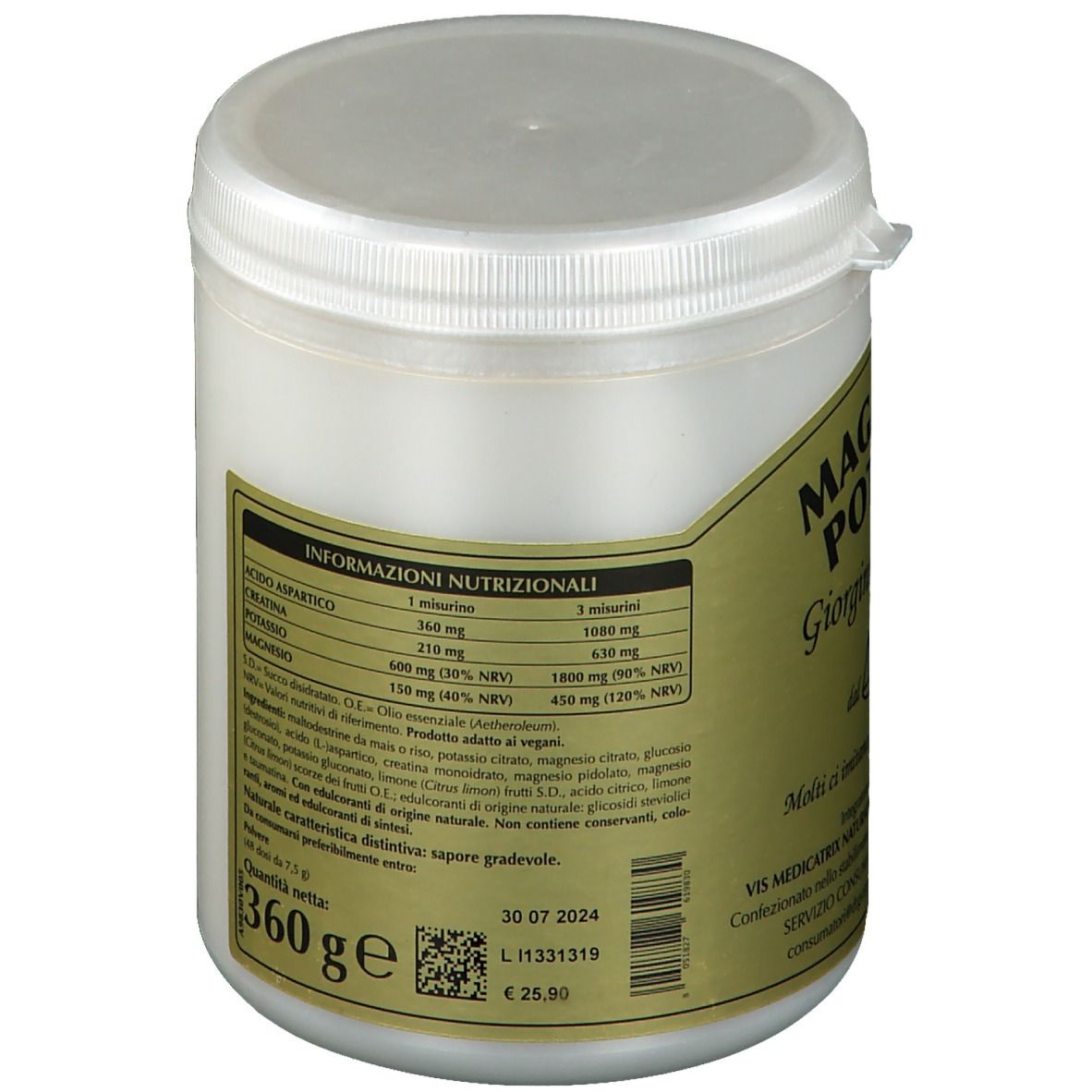 Contenitore bianco con coperchio. Etichetta con nome prodotto e informazioni nutrizionali. 360g.