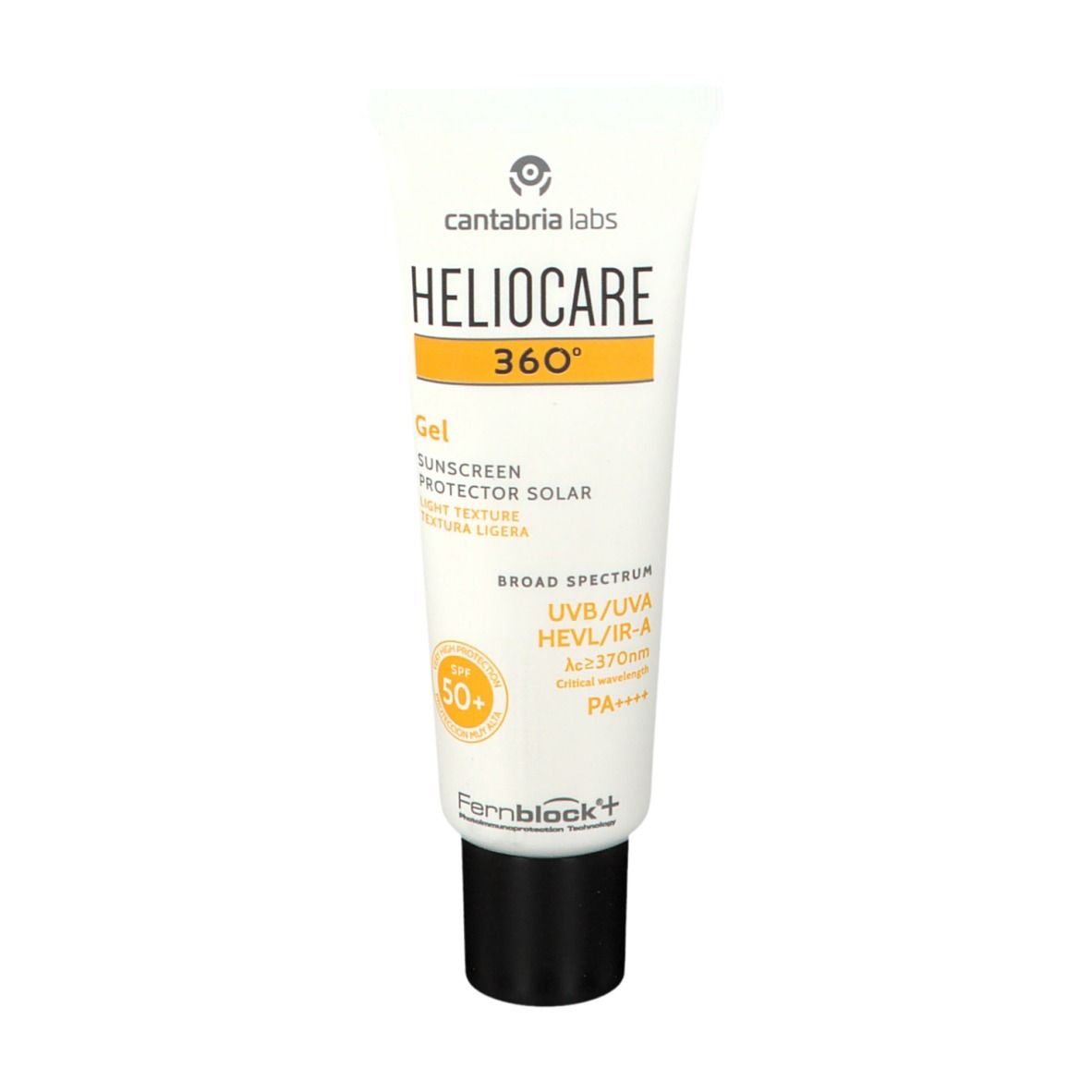 Tubo bianco con tappo nero. Scritta HELIOCARE 360° Gel SPF 50+. Crema solare in gel, texture leggera.