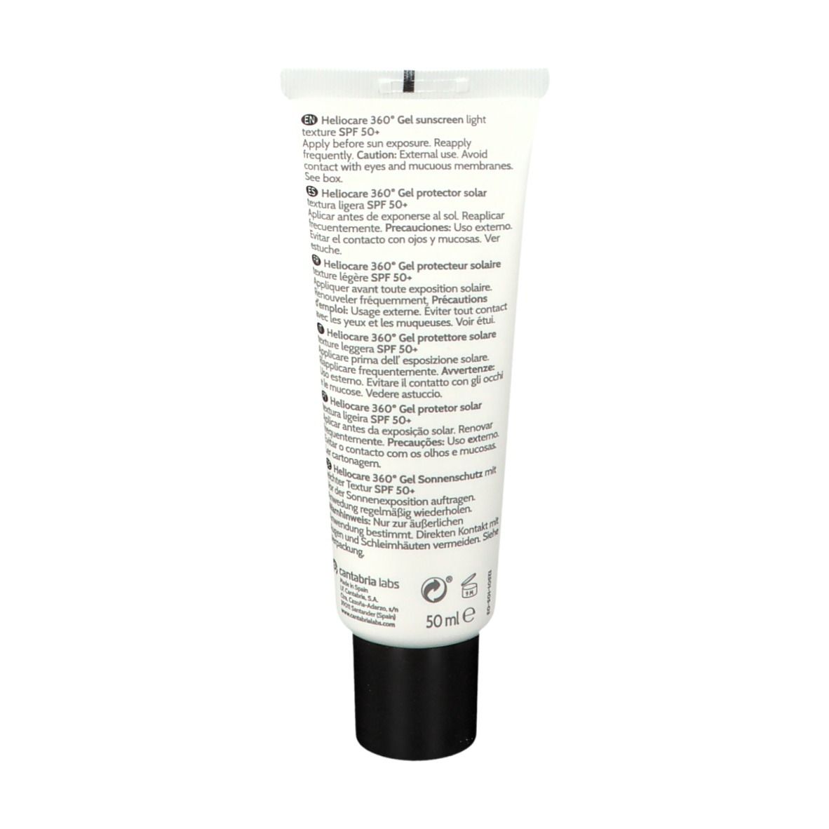 Retro del tubo. Testo multilingue. Contiene informazioni sull'uso e gli ingredienti. 50 ml.