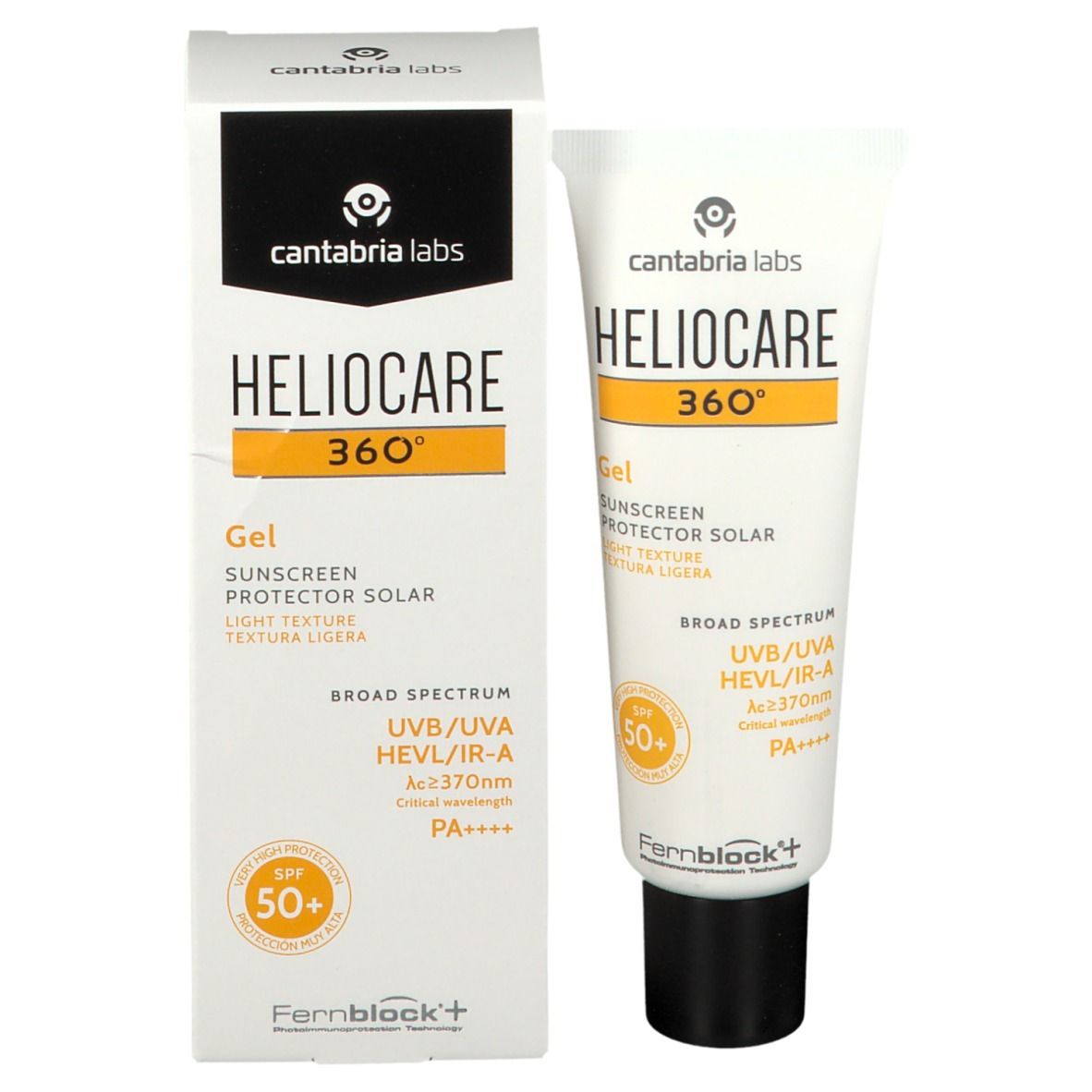 Confezione del prodotto. Tubo e scatola. Scritta HELIOCARE 360° Gel SPF 50+. Crema solare in gel, texture leggera.