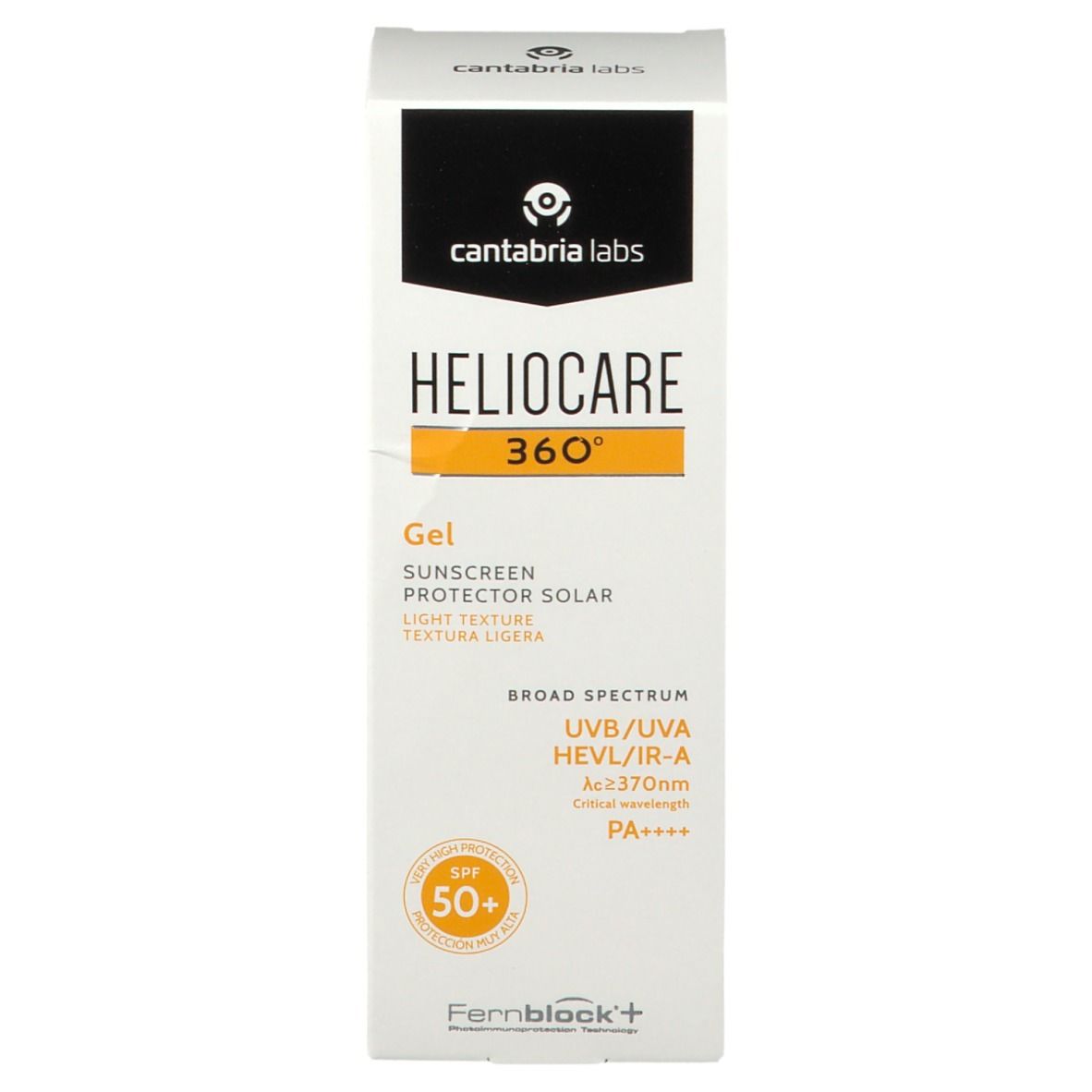 Scatola bianca con scritta HELIOCARE 360° Gel SPF 50+. Crema solare in gel, texture leggera. Logo SPF 50+.
