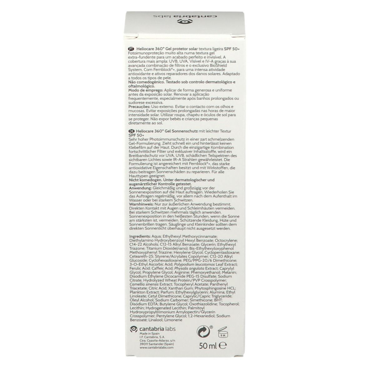 Retro della scatola. Testo multilingue. Informazioni sull'uso e gli ingredienti. 50 ml.