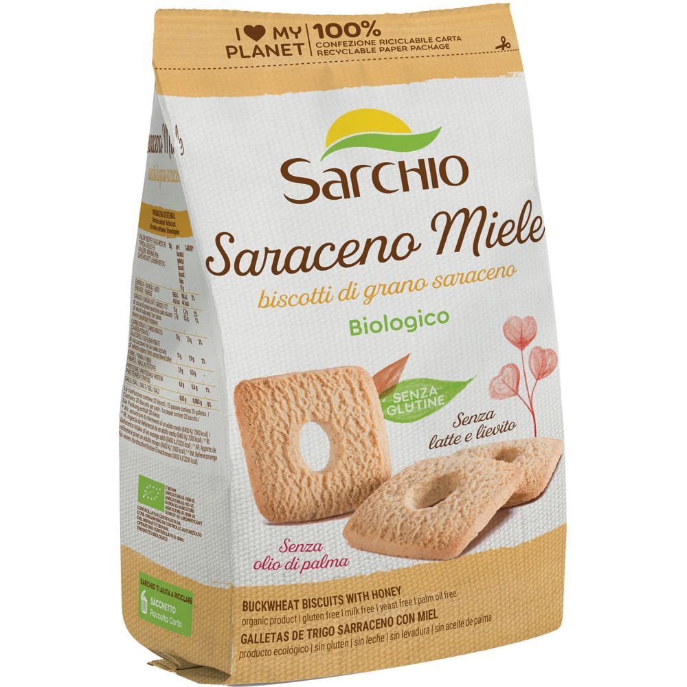 Confezione di biscotti Saraceno Miele. Senza glutine, latte e lievito. Biscotti quadrati con foro. Scritte in italiano.