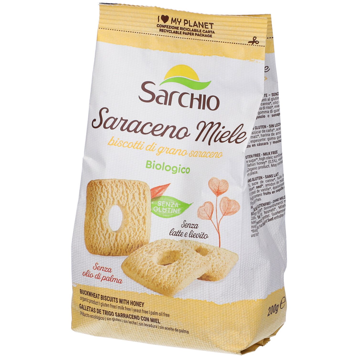 Confezione di biscotti Saraceno Miele. Senza glutine, latte e lievito. Biscotti quadrati con foro. Scritte in italiano.