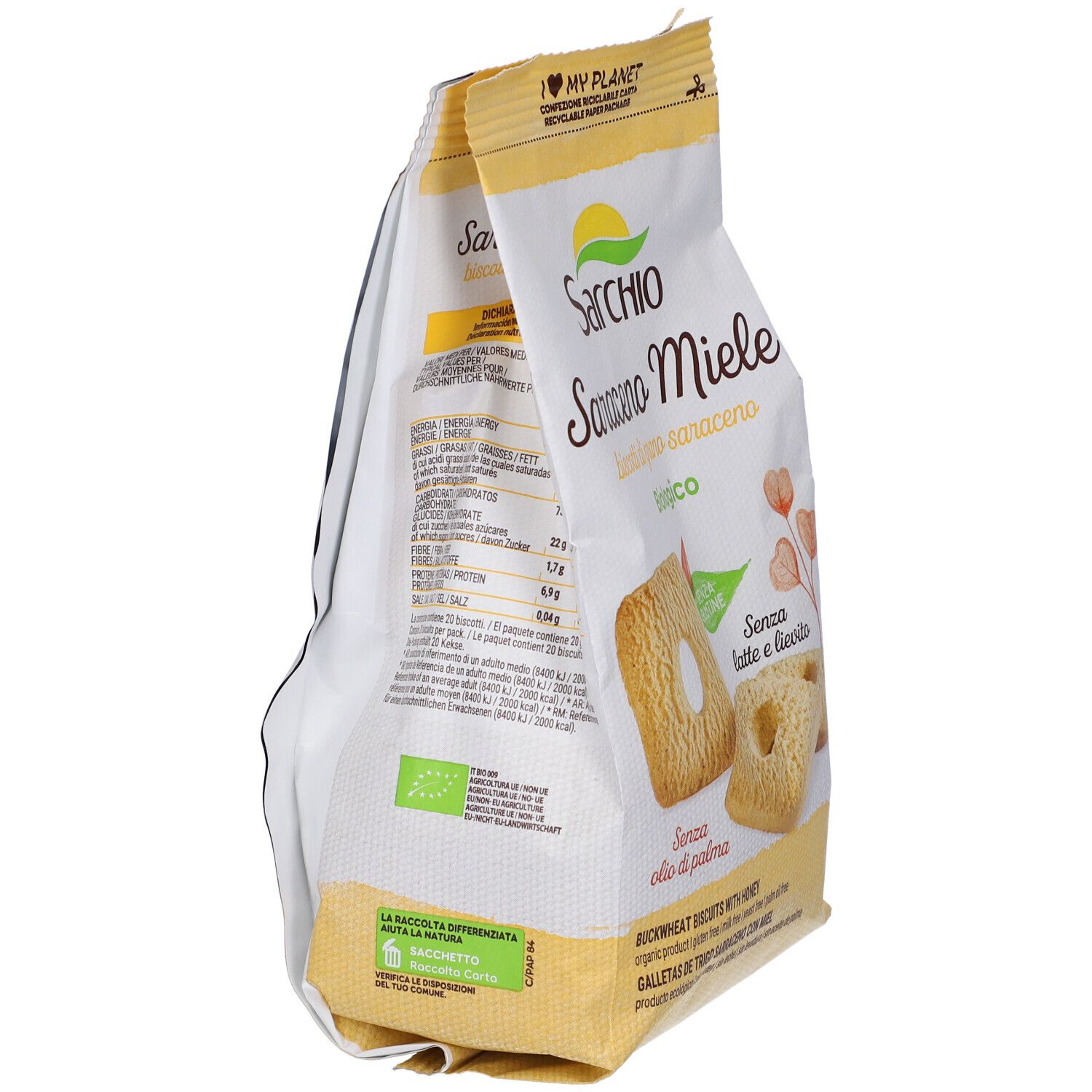Vista laterale della confezione di biscotti Saraceno Miele. Senza glutine, latte e lievito. Scritte in italiano.