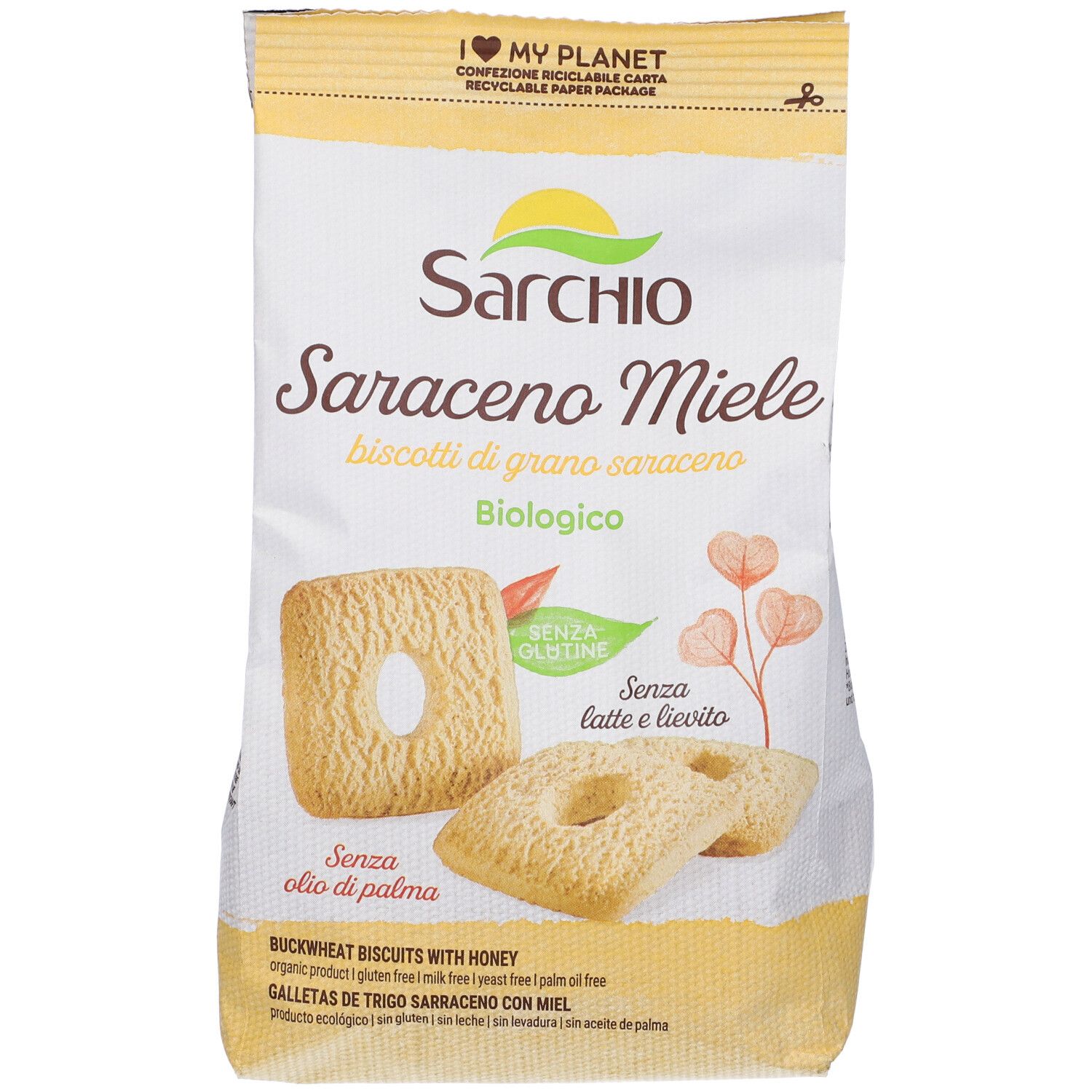 Confezione di biscotti Saraceno Miele. Senza glutine, latte e lievito. Biscotti quadrati con foro. Scritte in italiano.