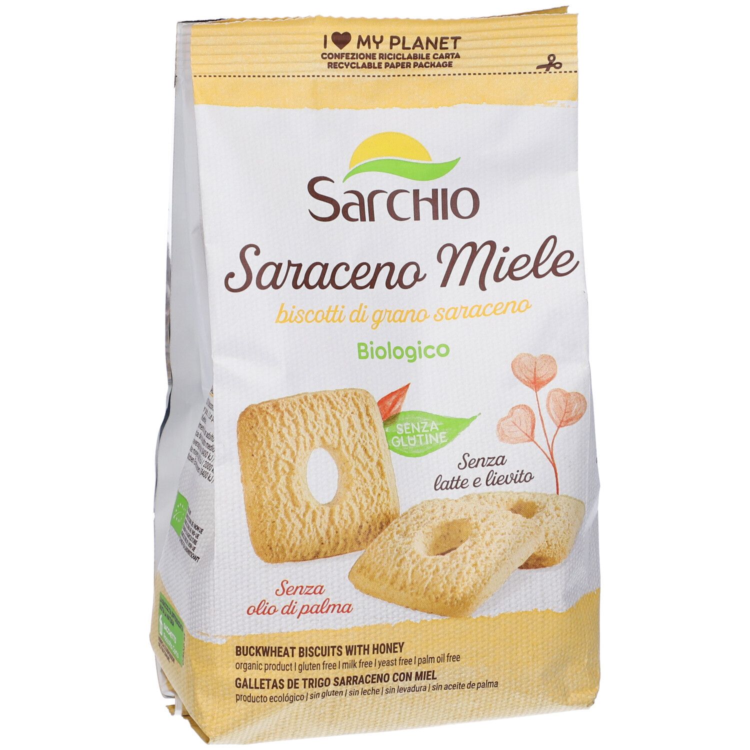 Confezione di biscotti Saraceno Miele. Senza glutine, latte e lievito. Biscotti quadrati con foro. Scritte in italiano.