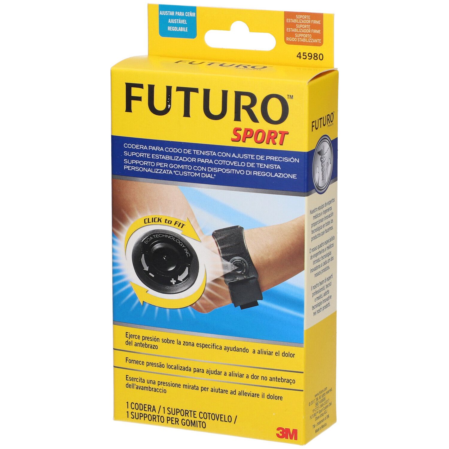 Confezione gialla FUTURO Sport. Immagine del prodotto: tutore per gomito con Custom Dial. Testo in spagnolo e inglese.