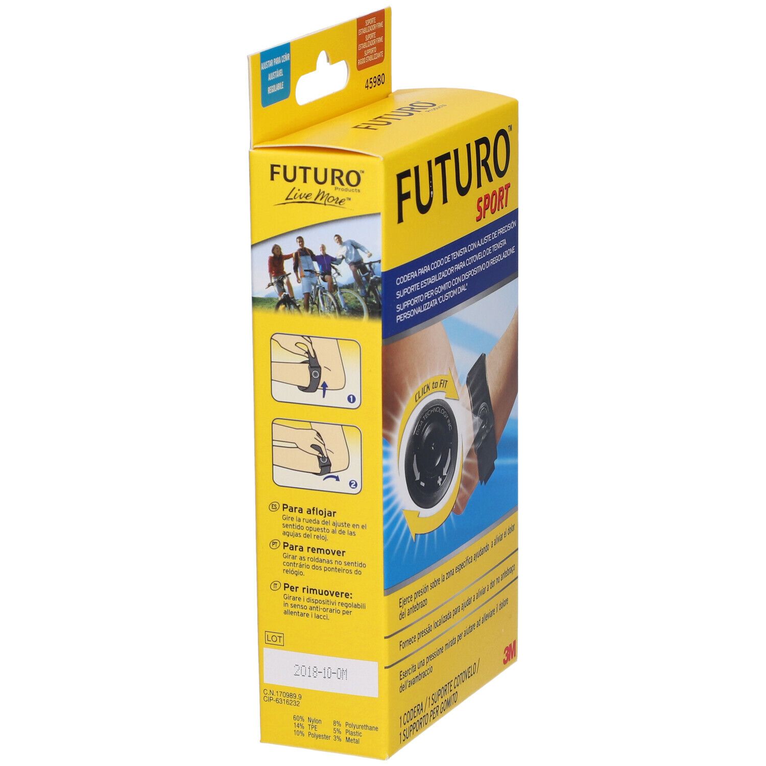 Confezione gialla FUTURO Sport. Illustrazioni: utilizzo del tutore per gomito. Testo in spagnolo e inglese. Logo 3M.