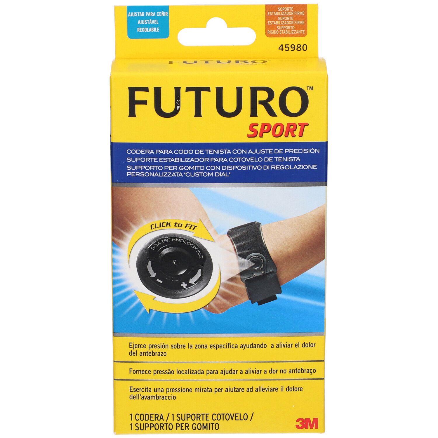 Confezione gialla FUTURO Sport. Immagine del prodotto: tutore per gomito con Custom Dial. Testo in spagnolo e inglese.