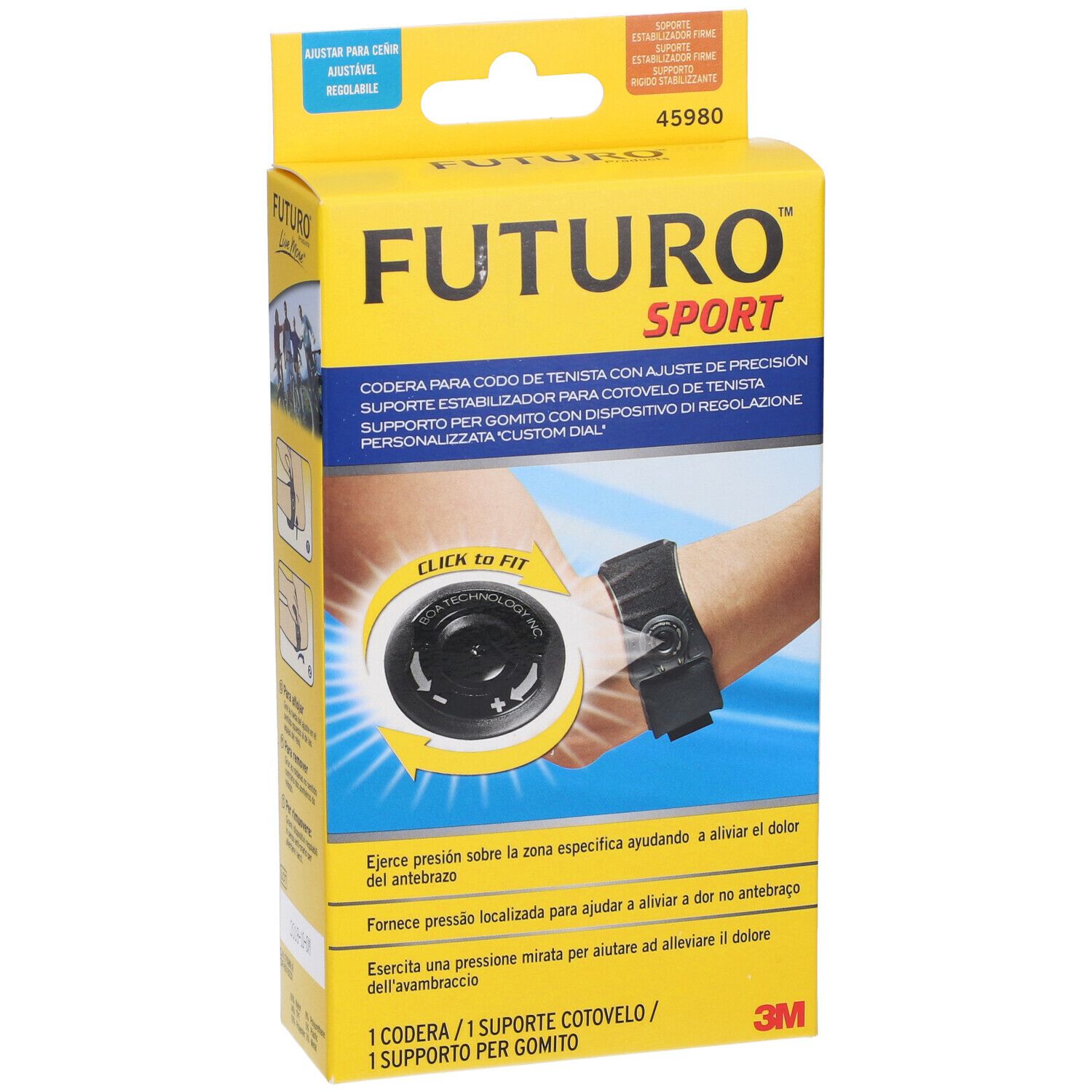 Confezione gialla FUTURO Sport. Immagine del prodotto: tutore per gomito con Custom Dial. Testo in spagnolo e inglese.