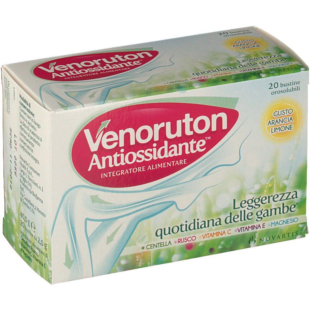 Scatola di Venoruton Antiossidante. Confezione bianca e rossa con nome e dettagli. Contiene 20 bustine.