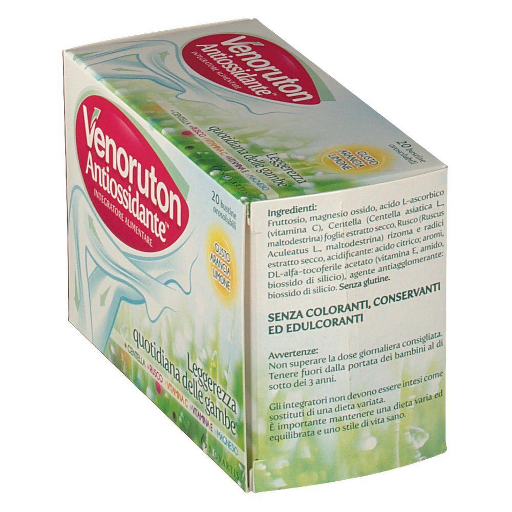 Scatola di Venoruton Antiossidante. Contiene nome, ingredienti e avvertenze. 20 bustine.