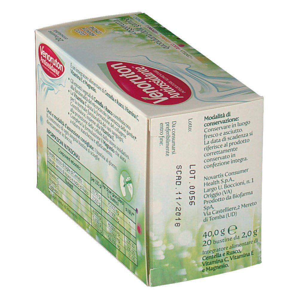 Scatola di Venoruton Antiossidante. Informazioni, ingredienti e dettagli del produttore. 20 bustine.