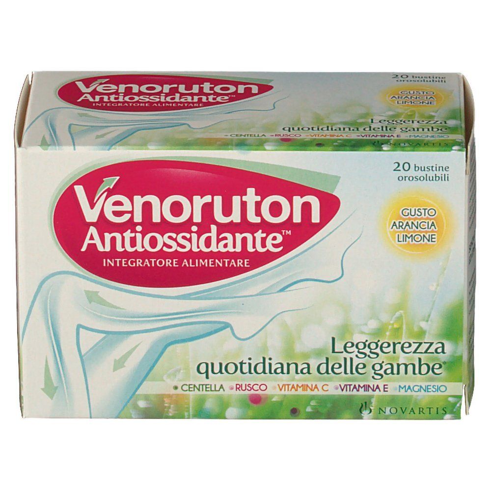 Scatola di Venoruton Antiossidante. Confezione bianca e rossa con nome e dettagli. Contiene 20 bustine.