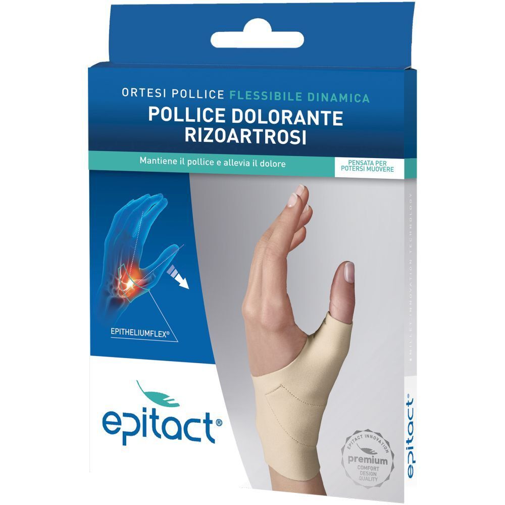 Confezione di ortesi per pollice. Il prodotto beige è indossato su una mano. Il marchio è Epitact.