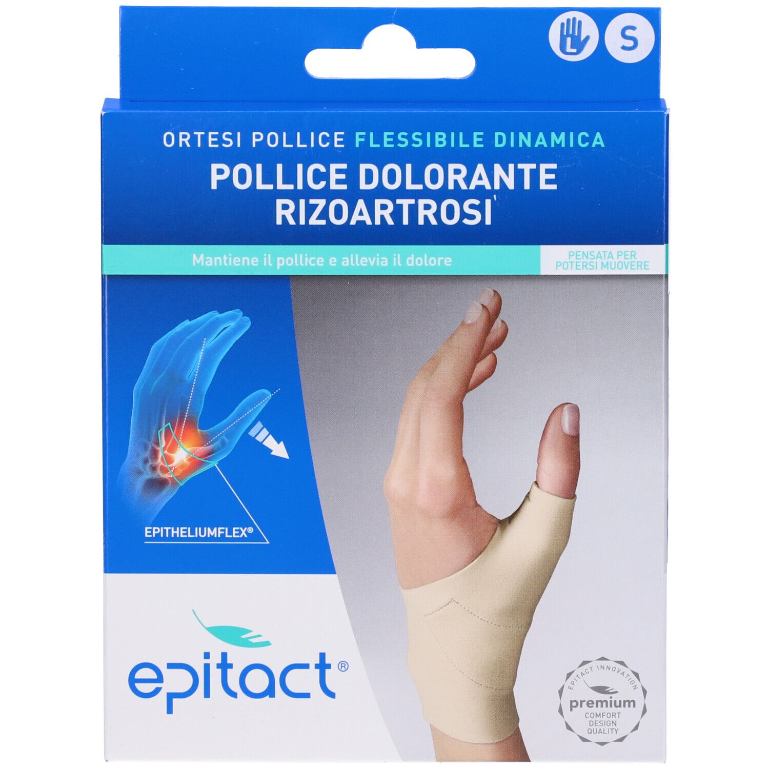 Confezione di ortesi per pollice. Il prodotto beige è indossato su una mano. Taglia S.