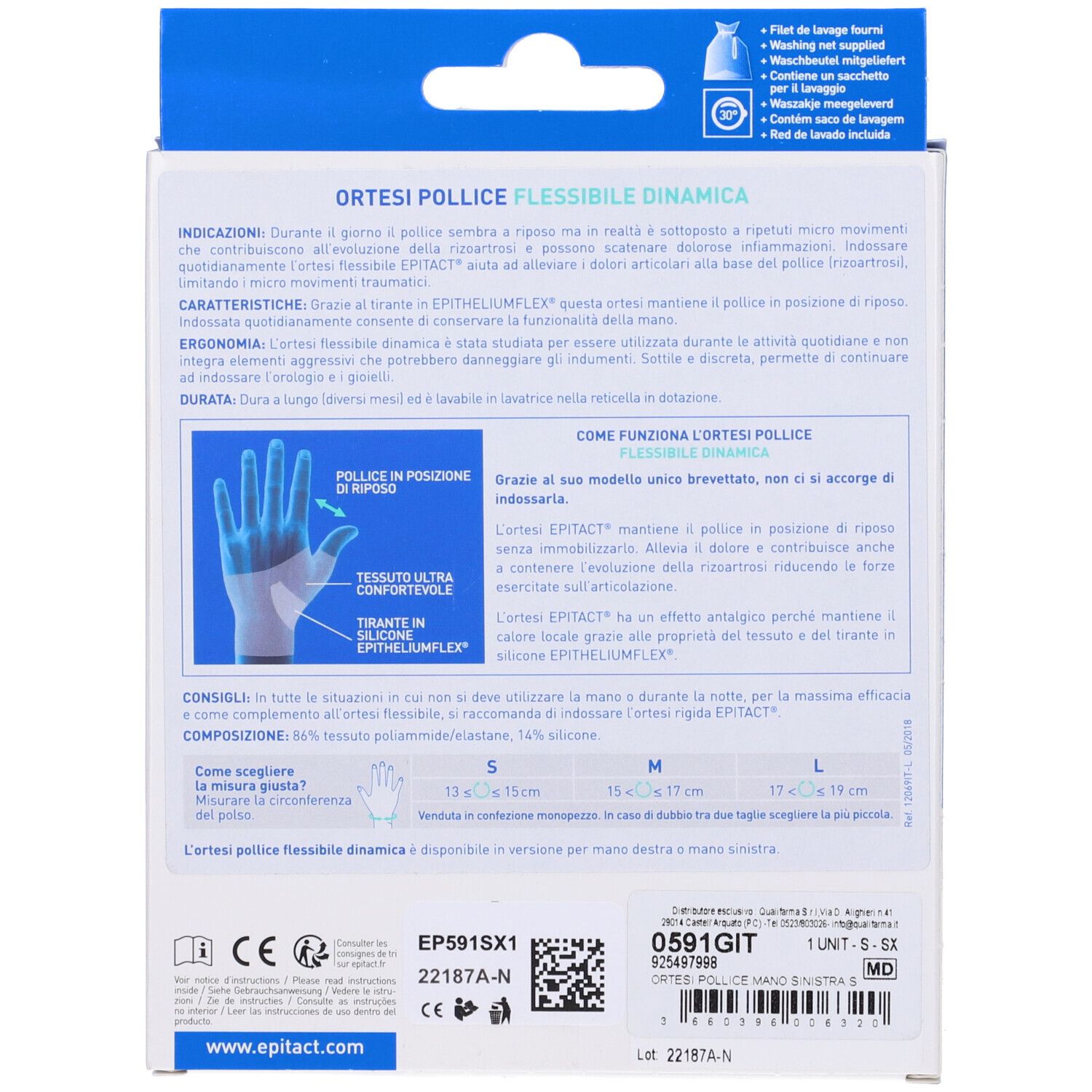 Retro della confezione con informazioni sul prodotto e indicazioni sulle taglie. Contiene testo in più lingue.